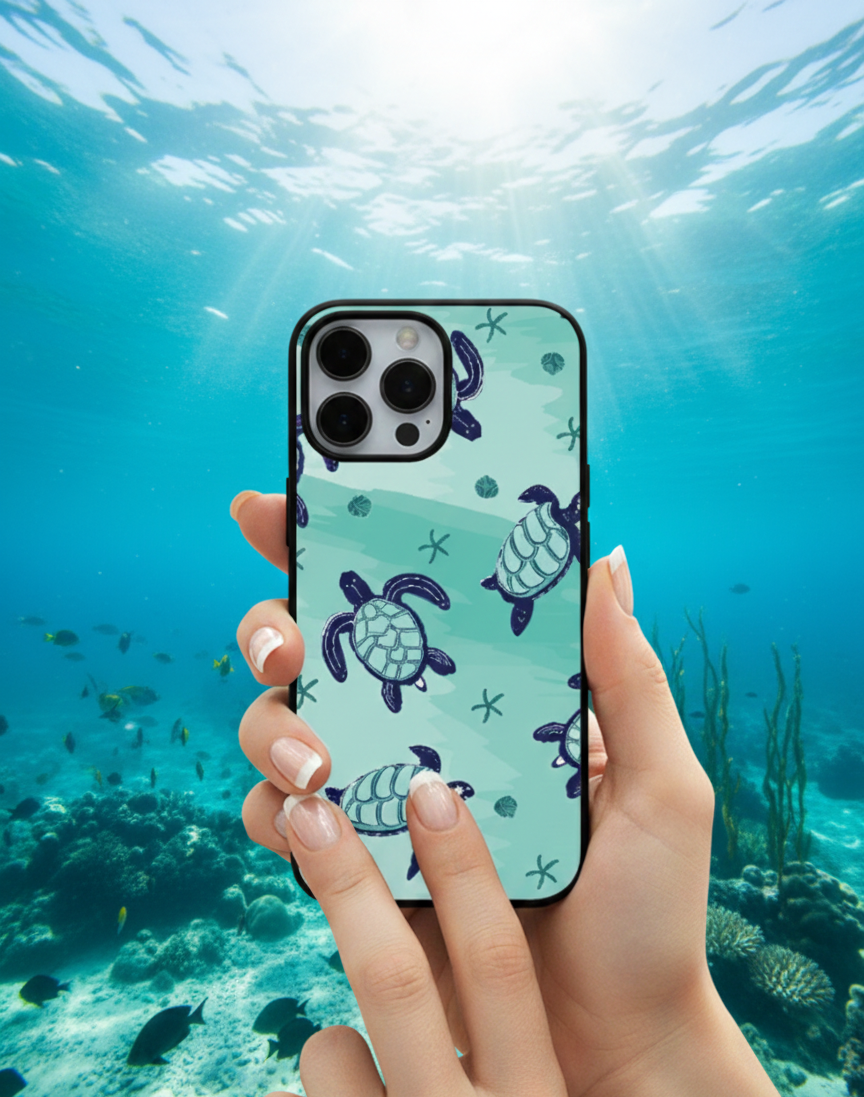 Sea Turtle & Starfish Pattern | Premium Glass iPhone Mobile Cover Case