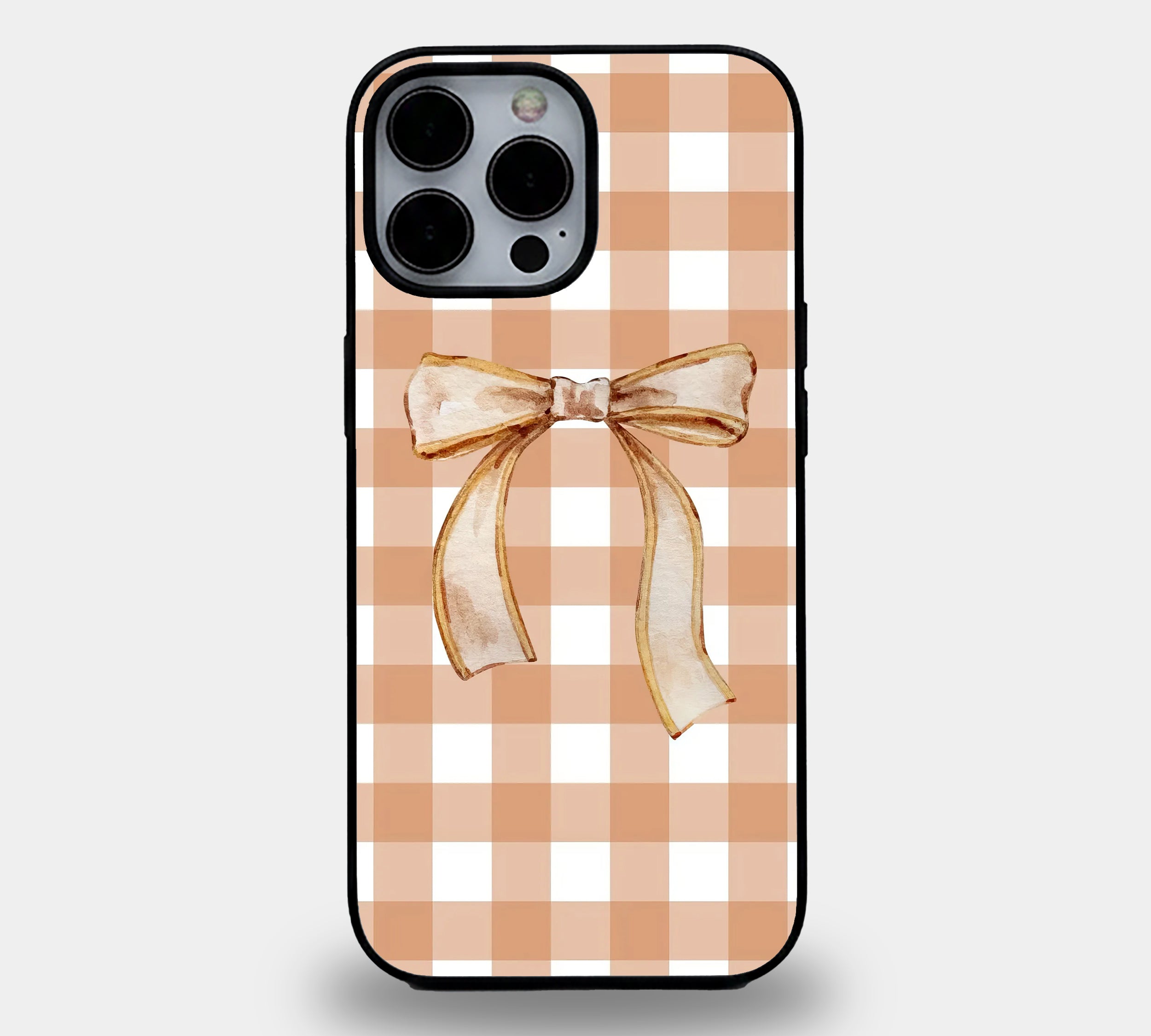 Beige Gingham Plaid & Ribbon Bow | Premium Glass iPhone & Samsung Mobile Cover Case