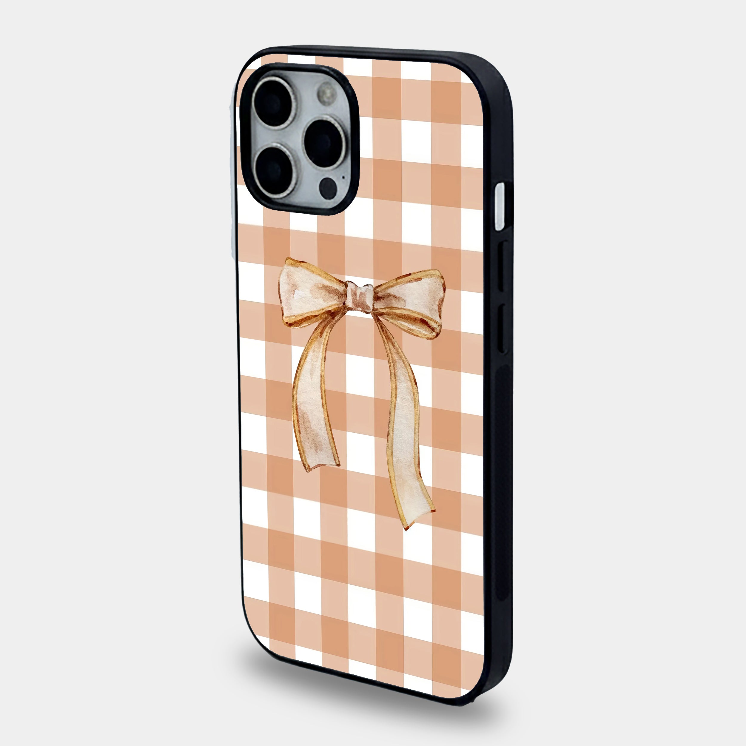 Beige Gingham Plaid & Ribbon Bow | Premium Glass iPhone & Samsung Mobile Cover Case