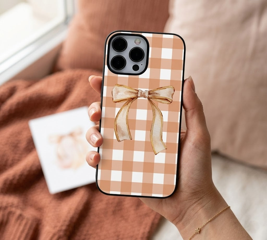 Beige Gingham Plaid & Ribbon Bow | Premium Glass iPhone & Samsung Mobile Cover Case
