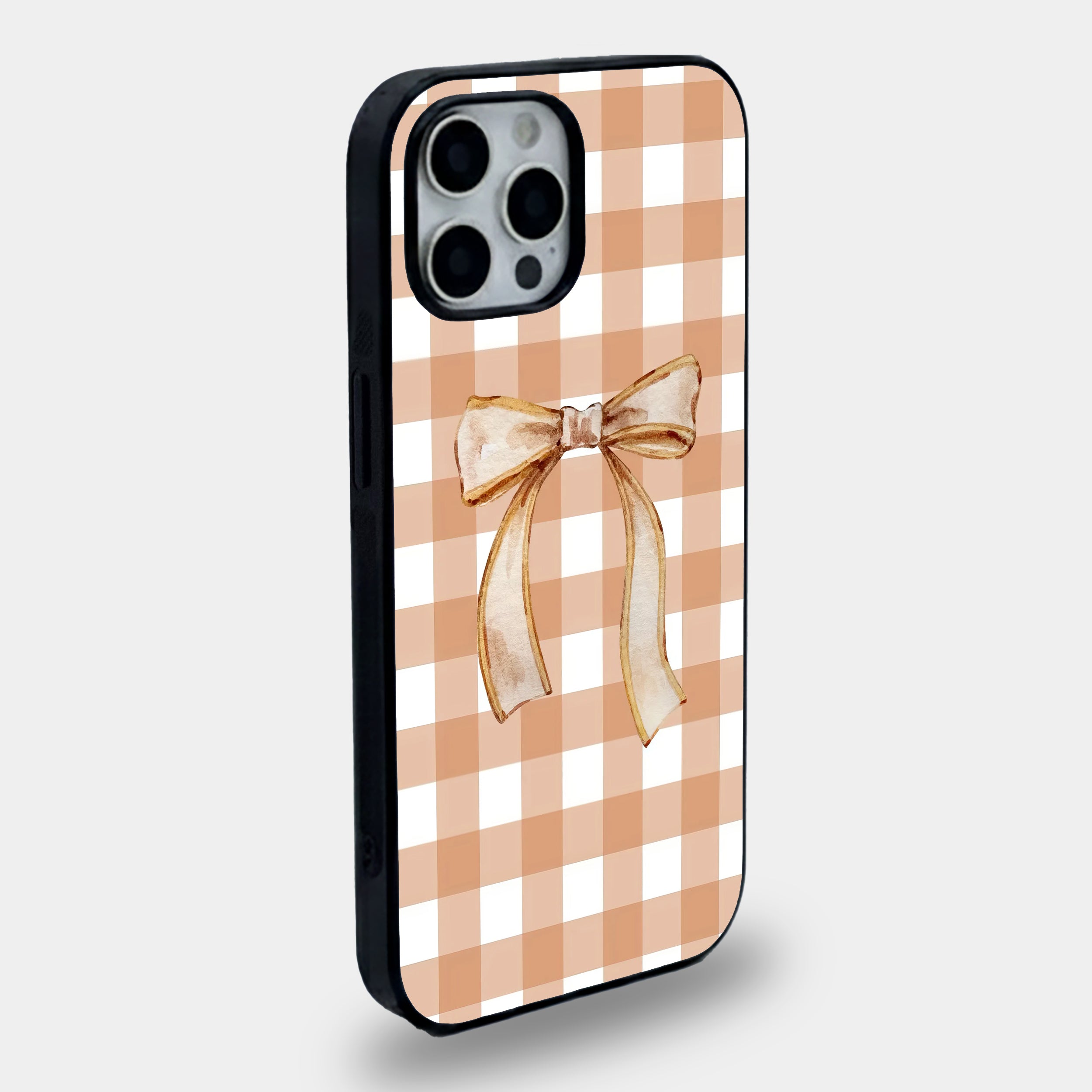 Beige Gingham Plaid & Ribbon Bow | Premium Glass iPhone & Samsung Mobile Cover Case