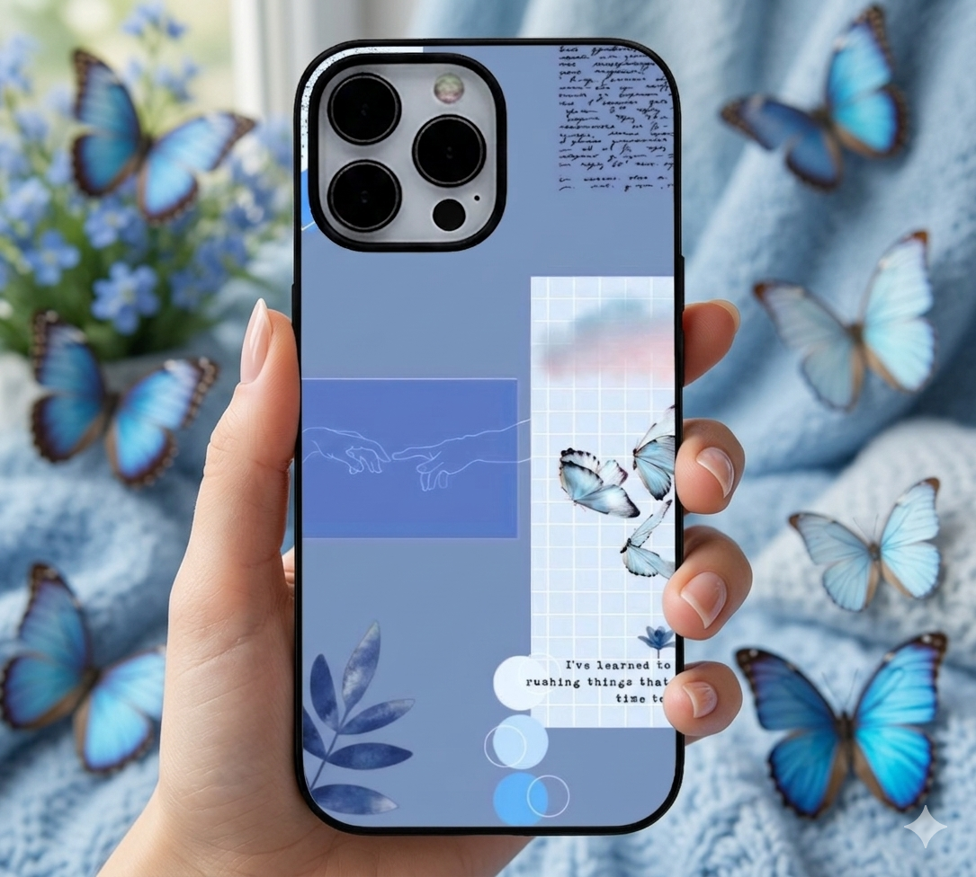 Blue Aesthetic Butterfly Collage | Premium Glass iPhone & Samsung Mobile Cover Case