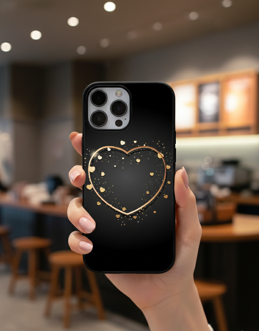 Black Gold Heart Sparkle | Premium Glass iPhone Mobile Cover Case