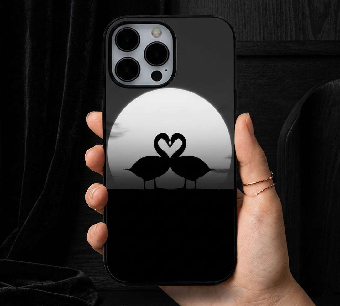 Full Moon Swan Silhouette Luxury | Premium Glass iPhone & Samsung Mobile Cover Case