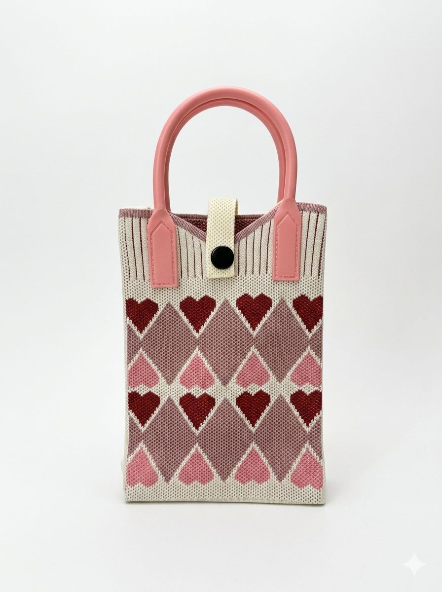 Trendy Crossbody Mobile Sling Bag with Strap & Silicone Handle | Red & Pink Hearts