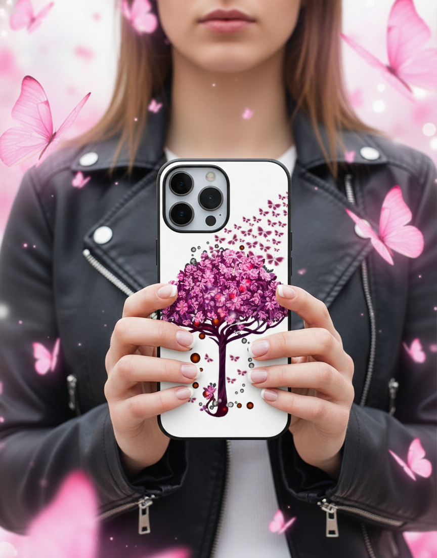 Pink Butterfly Blossom Tree | Premium Glass iPhone Mobile Cover Case