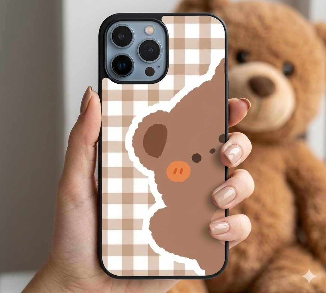 Aesthetic Teddy Bear Gingham Checkered | Premium Glass iPhone & Samsung Mobile Cover Case