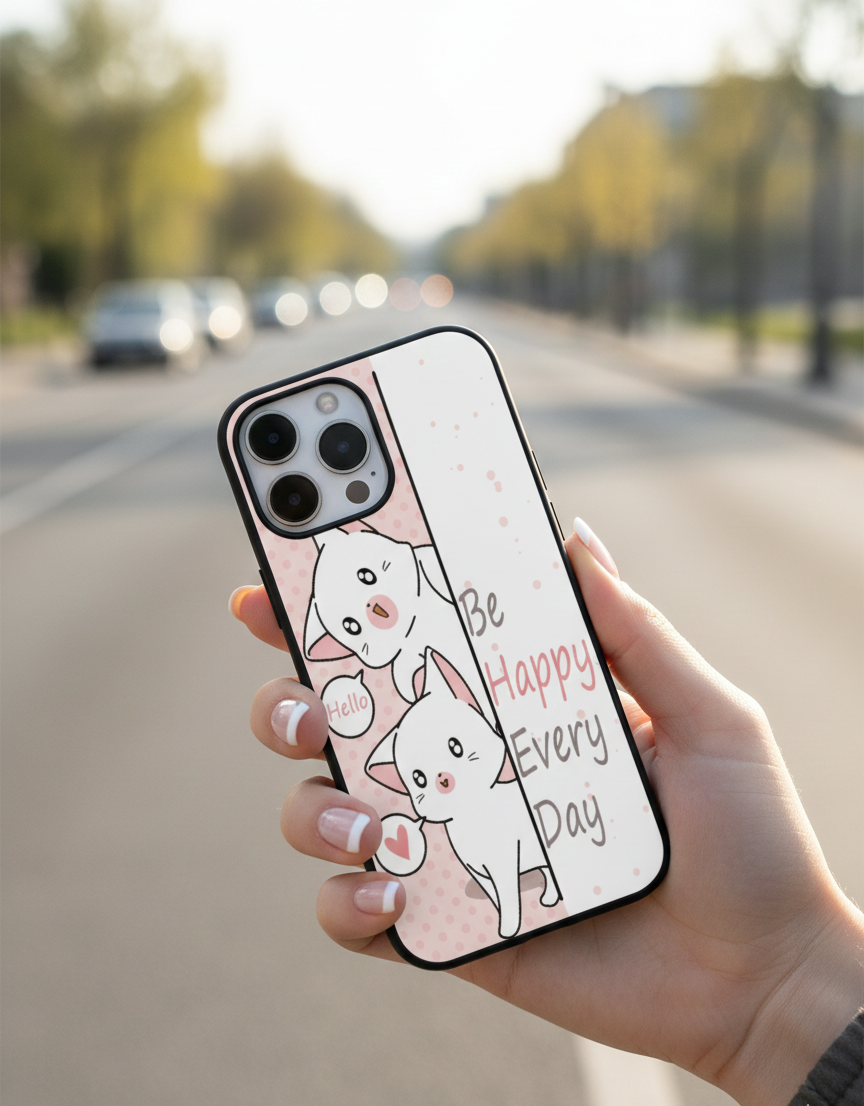 "Be Happy" Peeking Cats | Premium Glass iPhone Mobile Cover Case