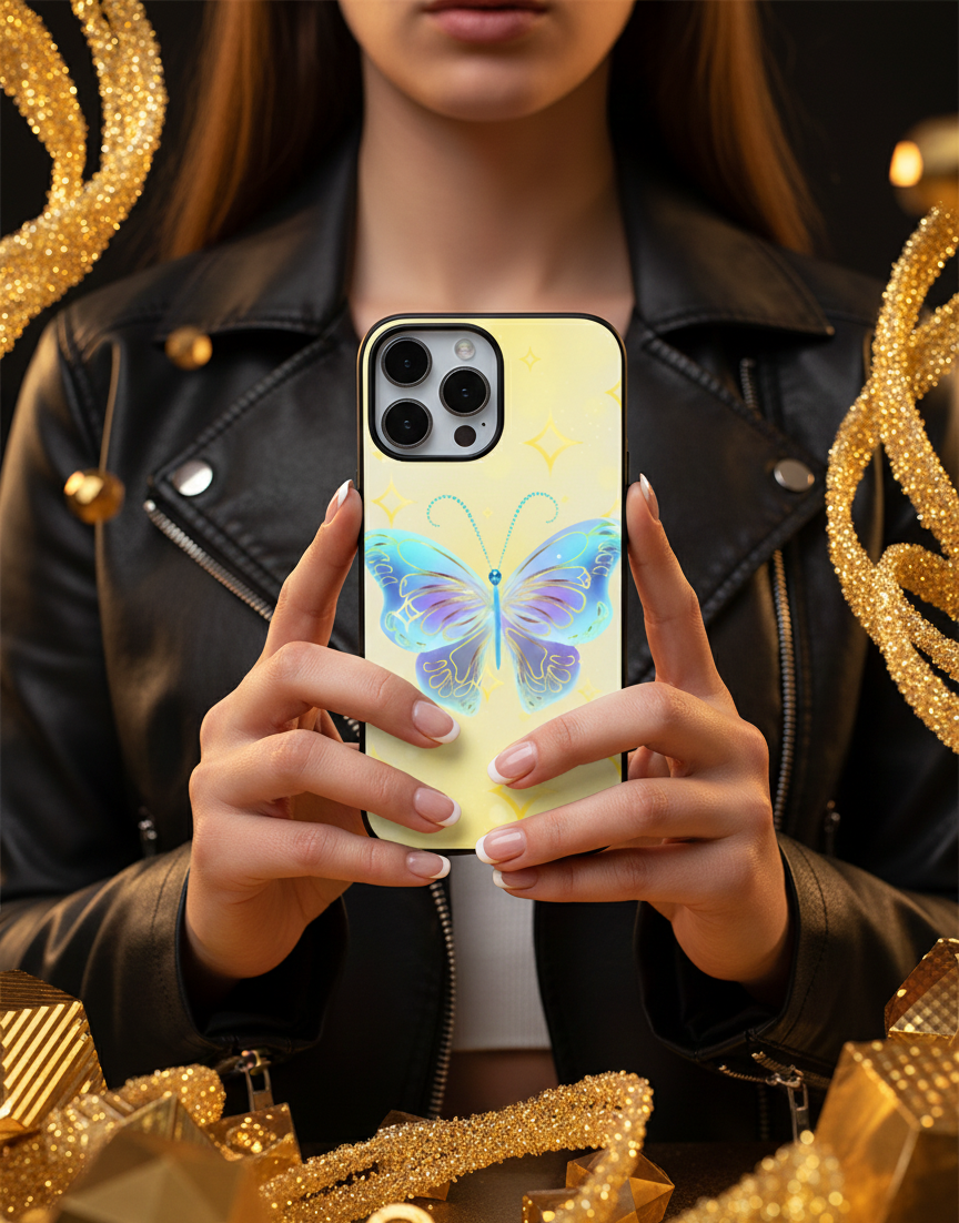 Celestial Blue Ethereal Golden Butterfly | Premium Glass iPhone Mobile Cover Case
