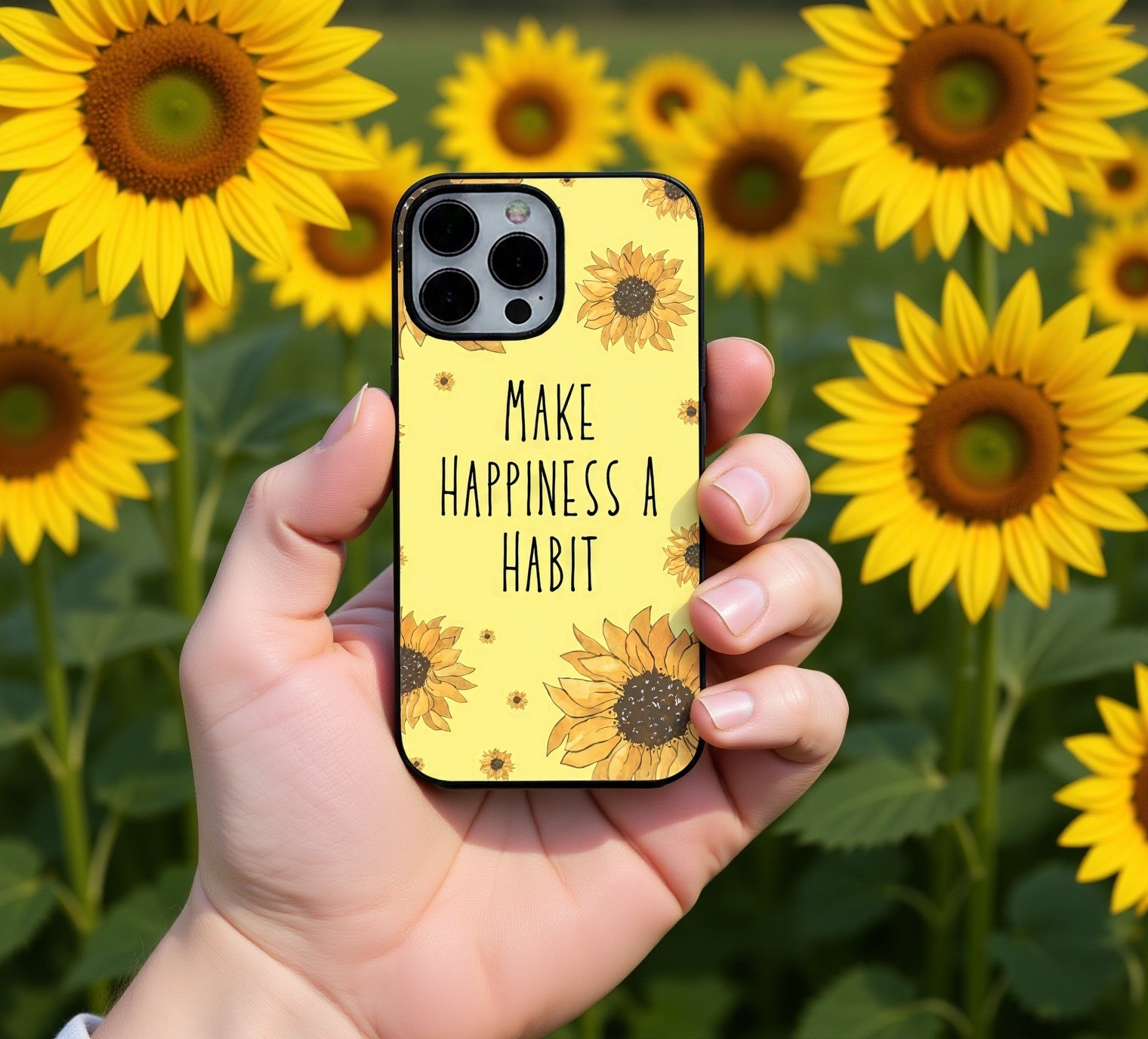 Sunflower "Make Happiness A Habit" | Premium Glass iPhone & Samsung Mobile Cover Case