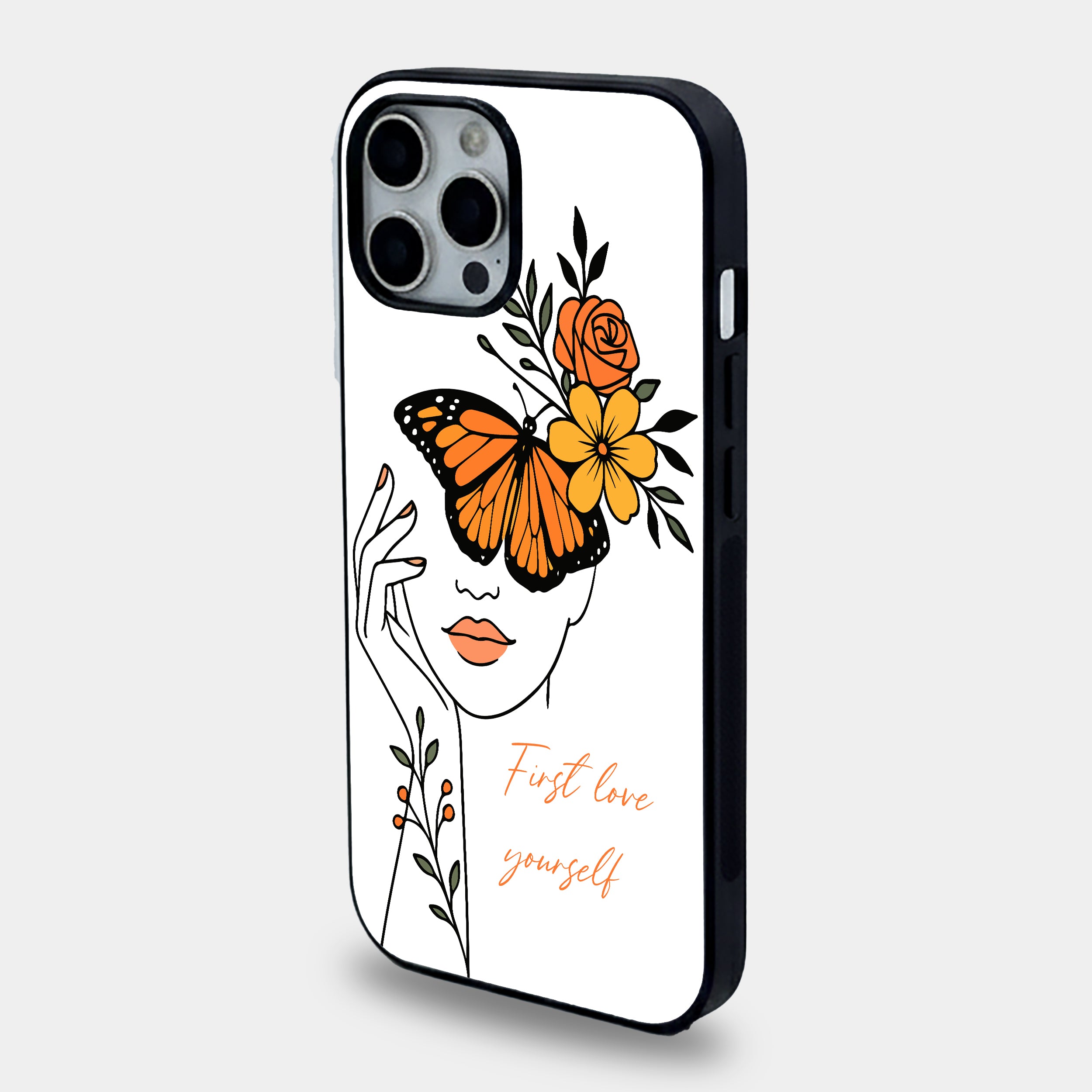 First Love Yourself – Butterfly Line Art | Premium Glass iPhone Mobile Cover Case