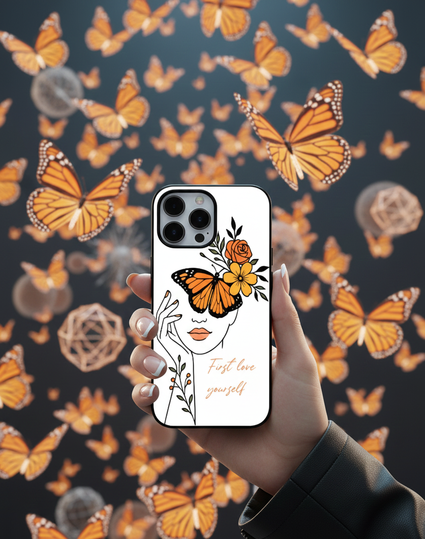 First Love Yourself – Butterfly Line Art | Premium Glass iPhone Mobile Cover Case
