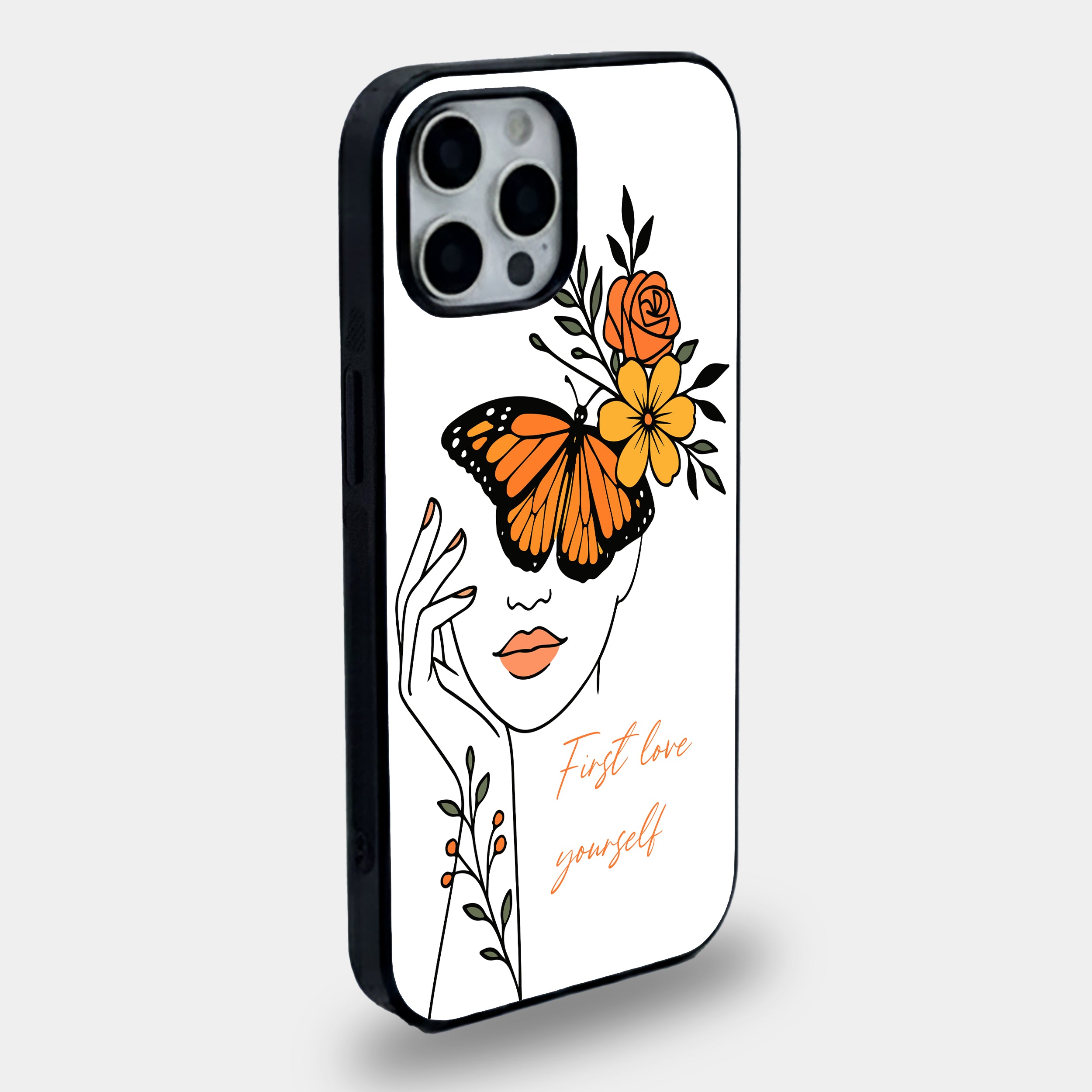 First Love Yourself – Butterfly Line Art | Premium Glass iPhone Mobile Cover Case