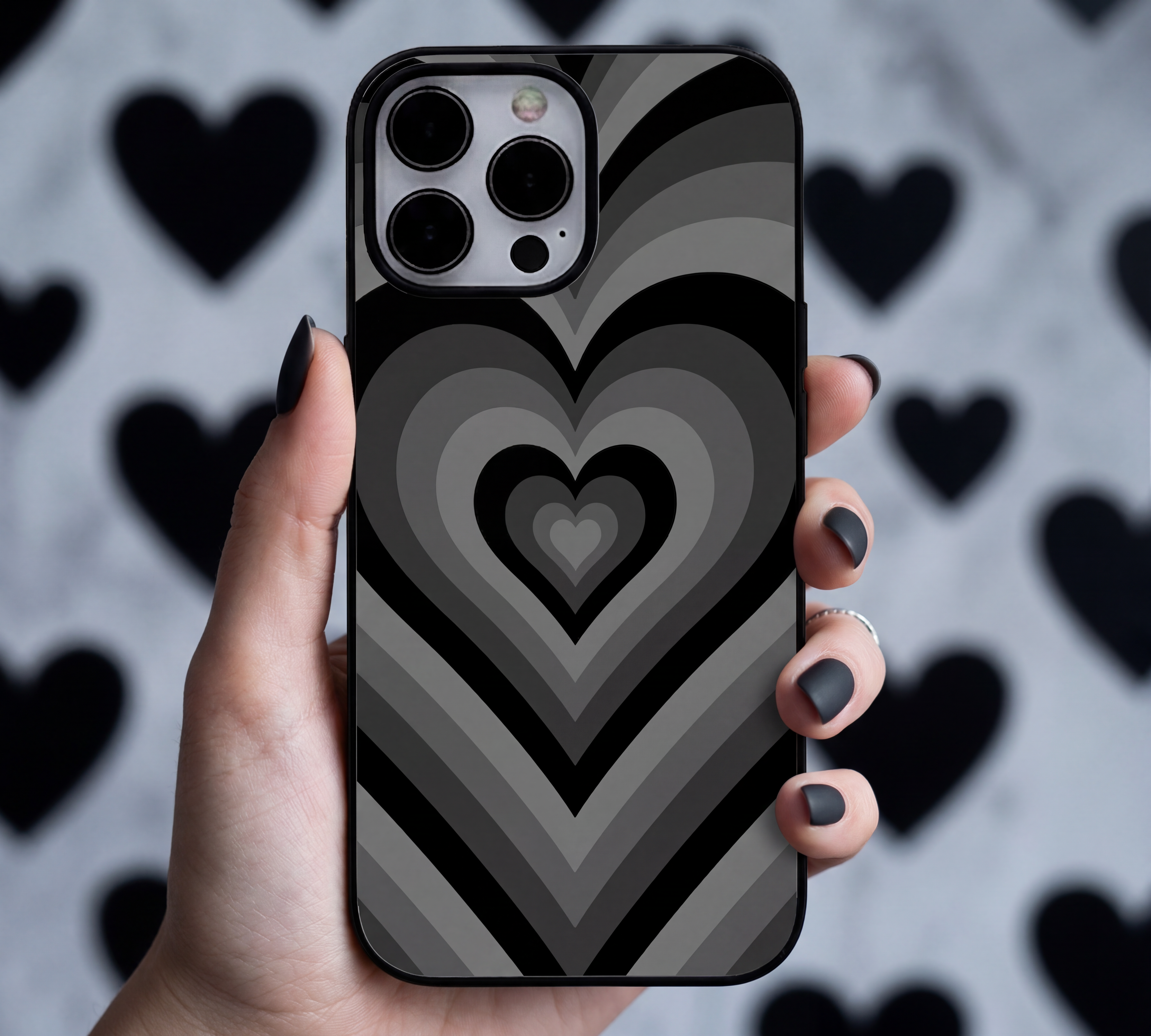 Monochrome Layered Heart Swirl | Premium Glass iPhone & Samsung Mobile Cover Case