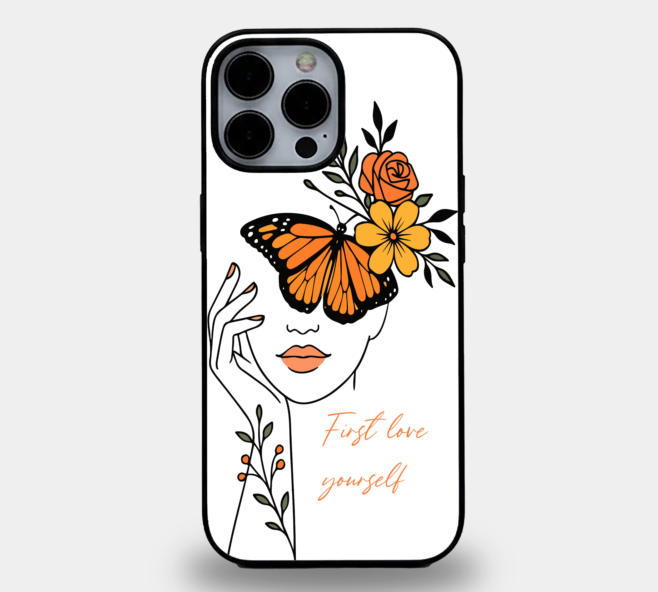 First Love Yourself – Butterfly Line Art | Premium Glass iPhone Mobile Cover Case