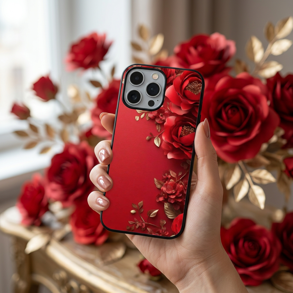 Red Rose & Gold Leaf | Premium Glass iPhone & Samsung Mobile Cover Case