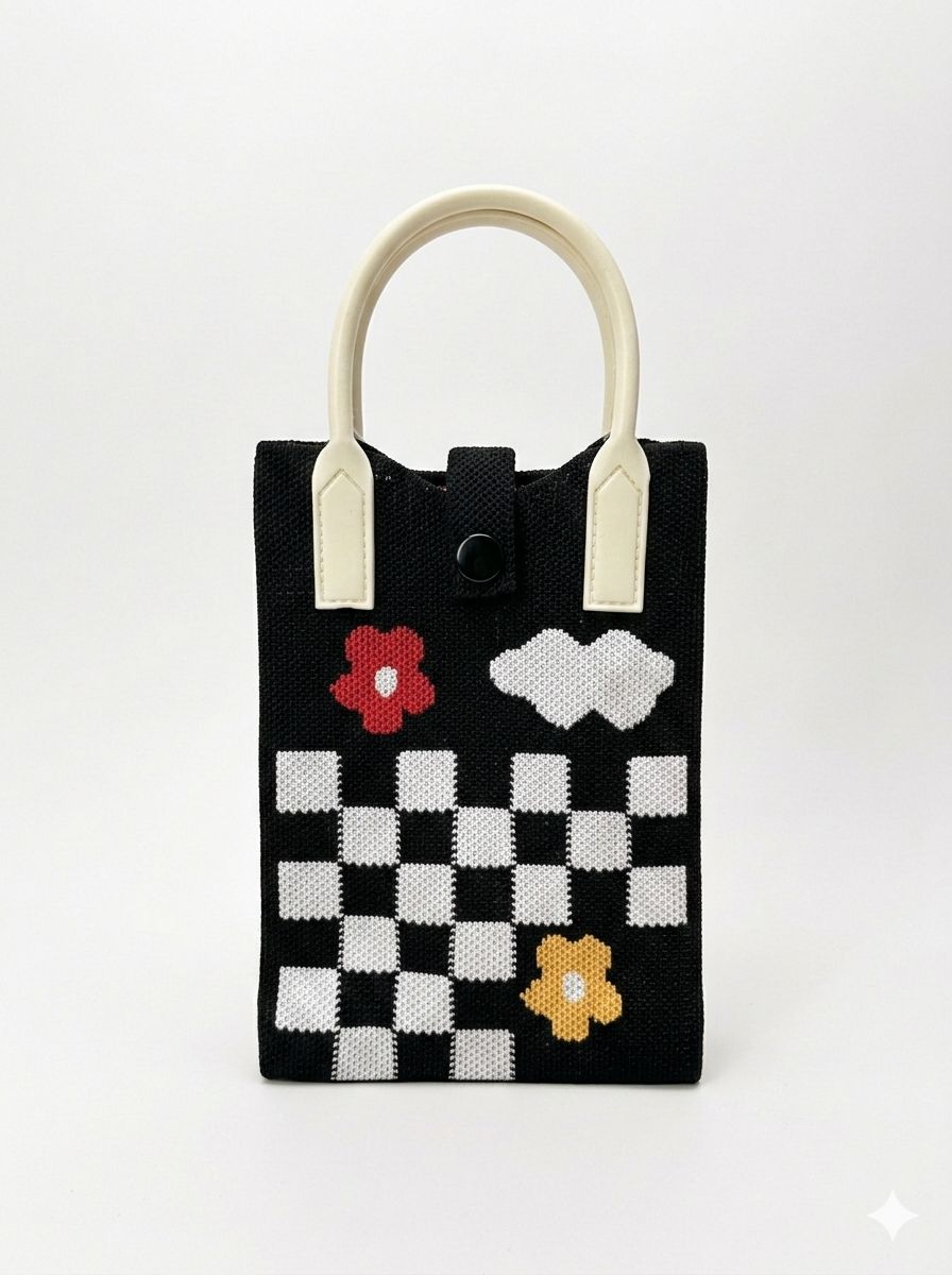 Trendy Crossbody Mobile Sling Bag with Strap & Silicone Handle | Black & White Checks