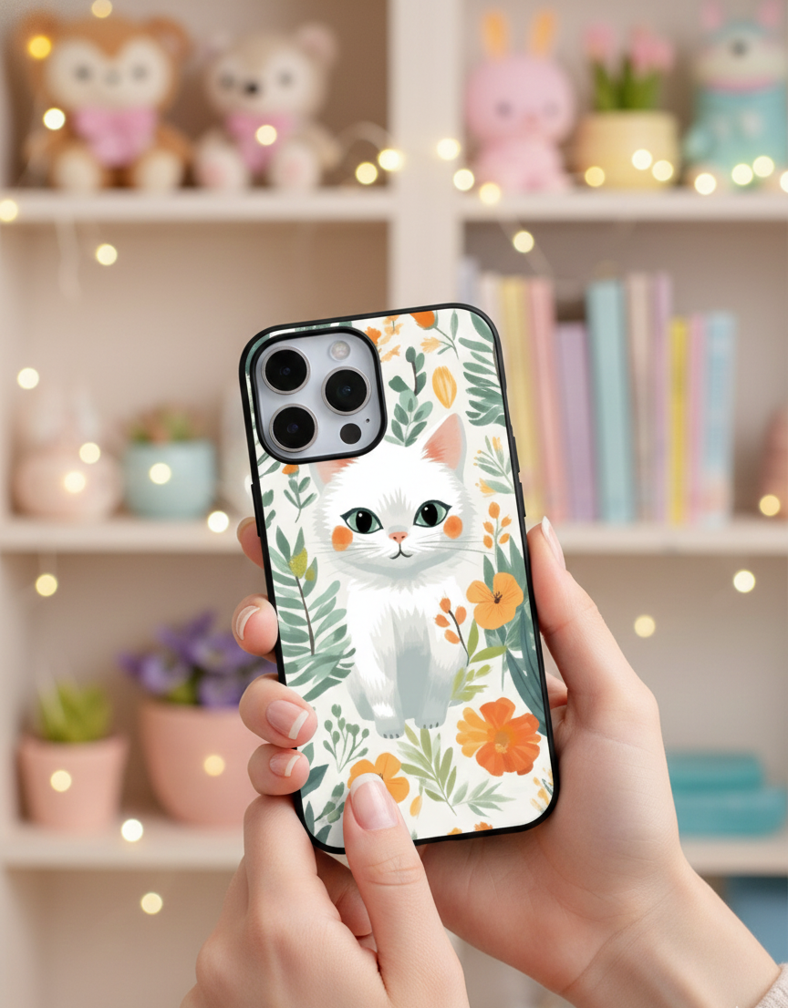 Peach & Petals Blooming Cat | Premium Glass iPhone Mobile Cover Case