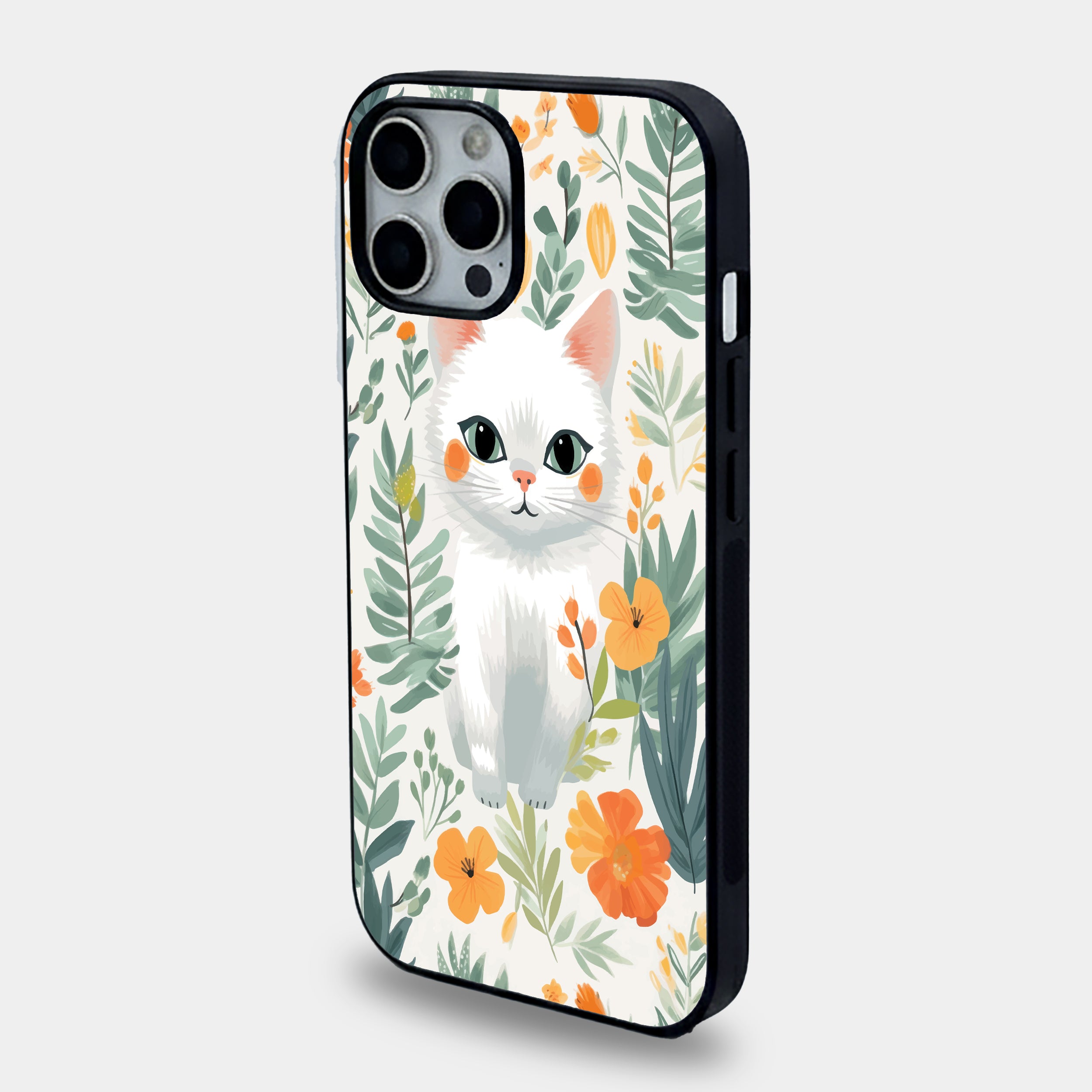 Peach & Petals Blooming Cat | Premium Glass iPhone Mobile Cover Case