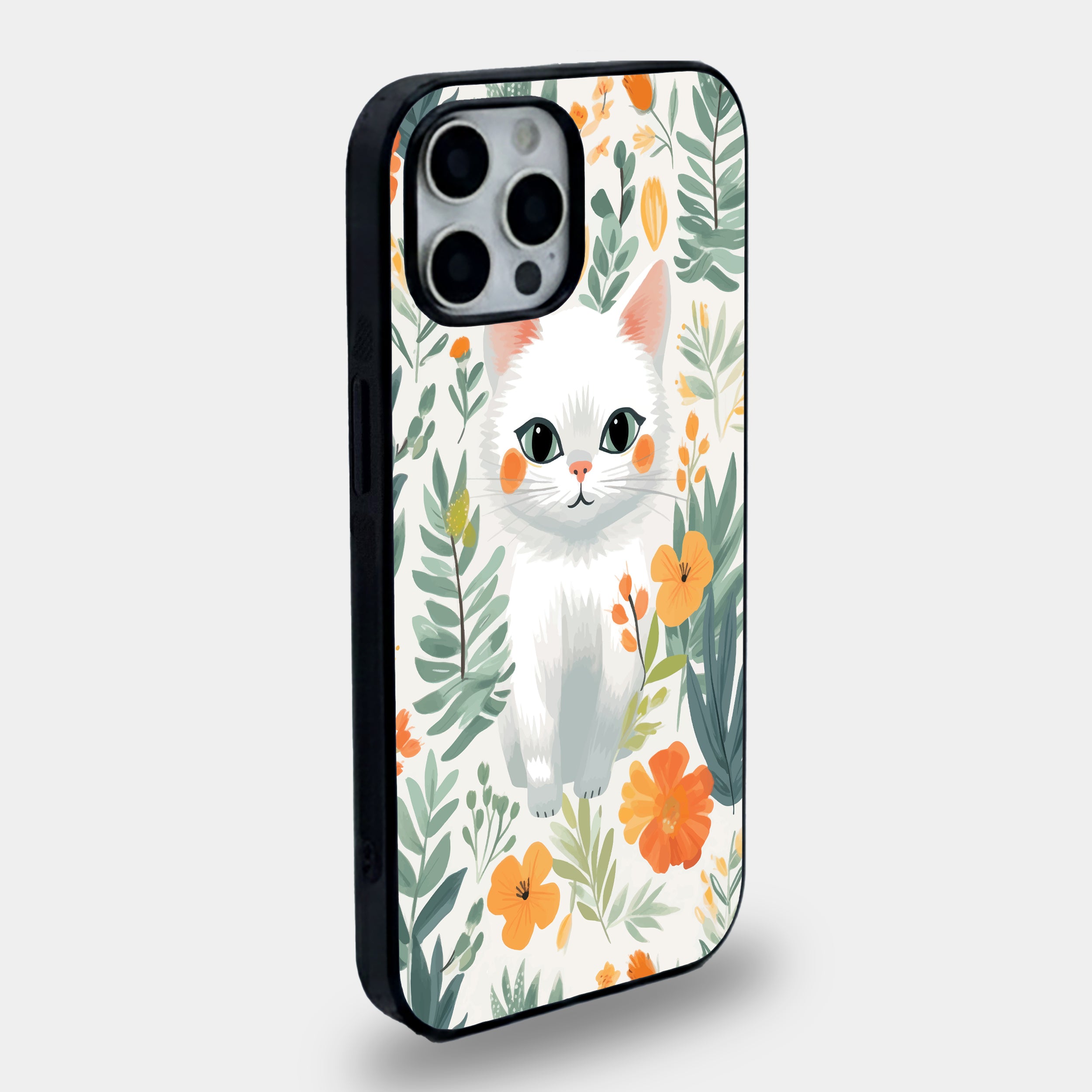 Peach & Petals Blooming Cat | Premium Glass iPhone Mobile Cover Case