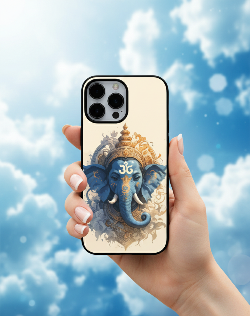Celestial Blue Ganesha Portrait | Premium Glass iPhone Mobile Cover Case