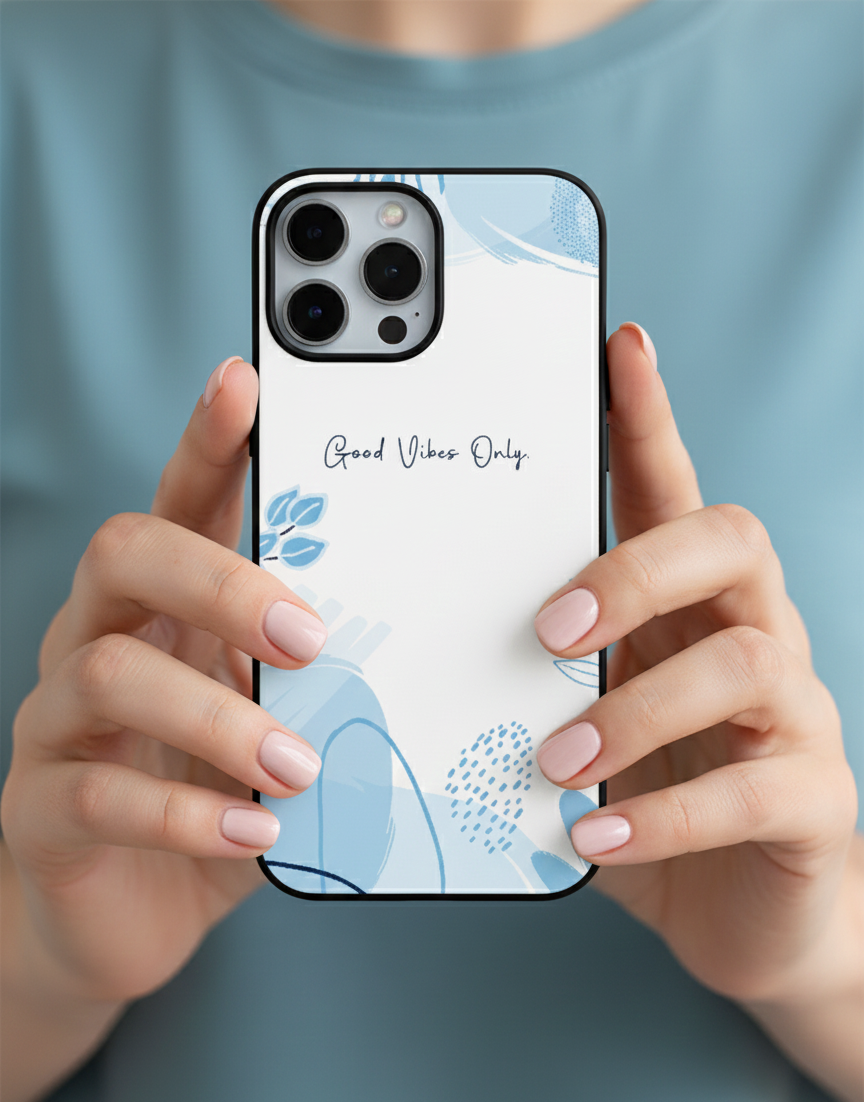 Good Vibes Only Blue Abstract Botanical | Premium Glass iPhone Mobile Cover Case
