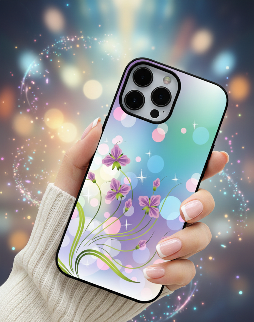 Pastel Whimsical Floral & Sparkle Design | Premium Glass iPhone Mobile Cover Case