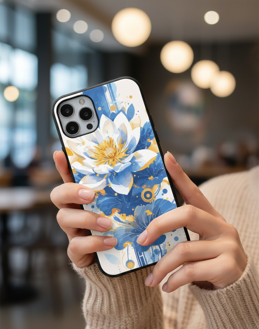 Azure Bloom Floral Abstract | Premium Glass iPhone Mobile Cover Case