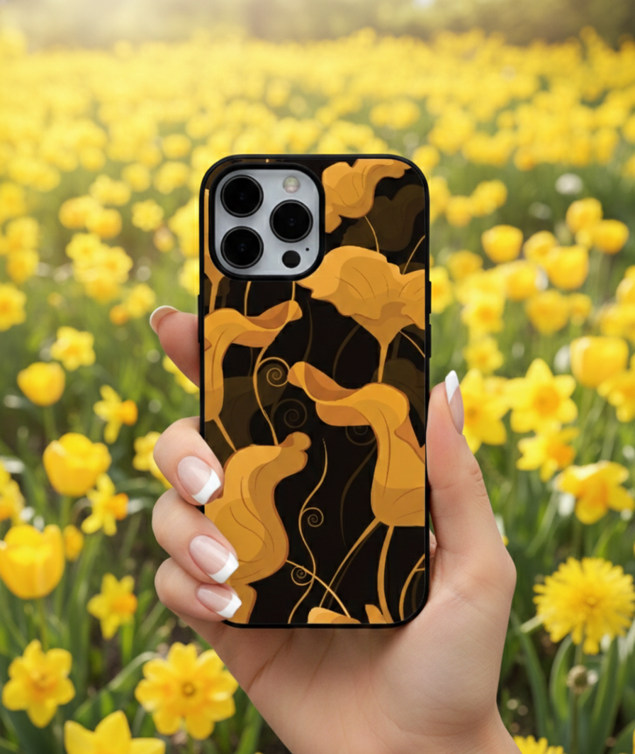 Amber Flow Gold & Black Floral | Premium Glass iPhone Mobile Cover Case