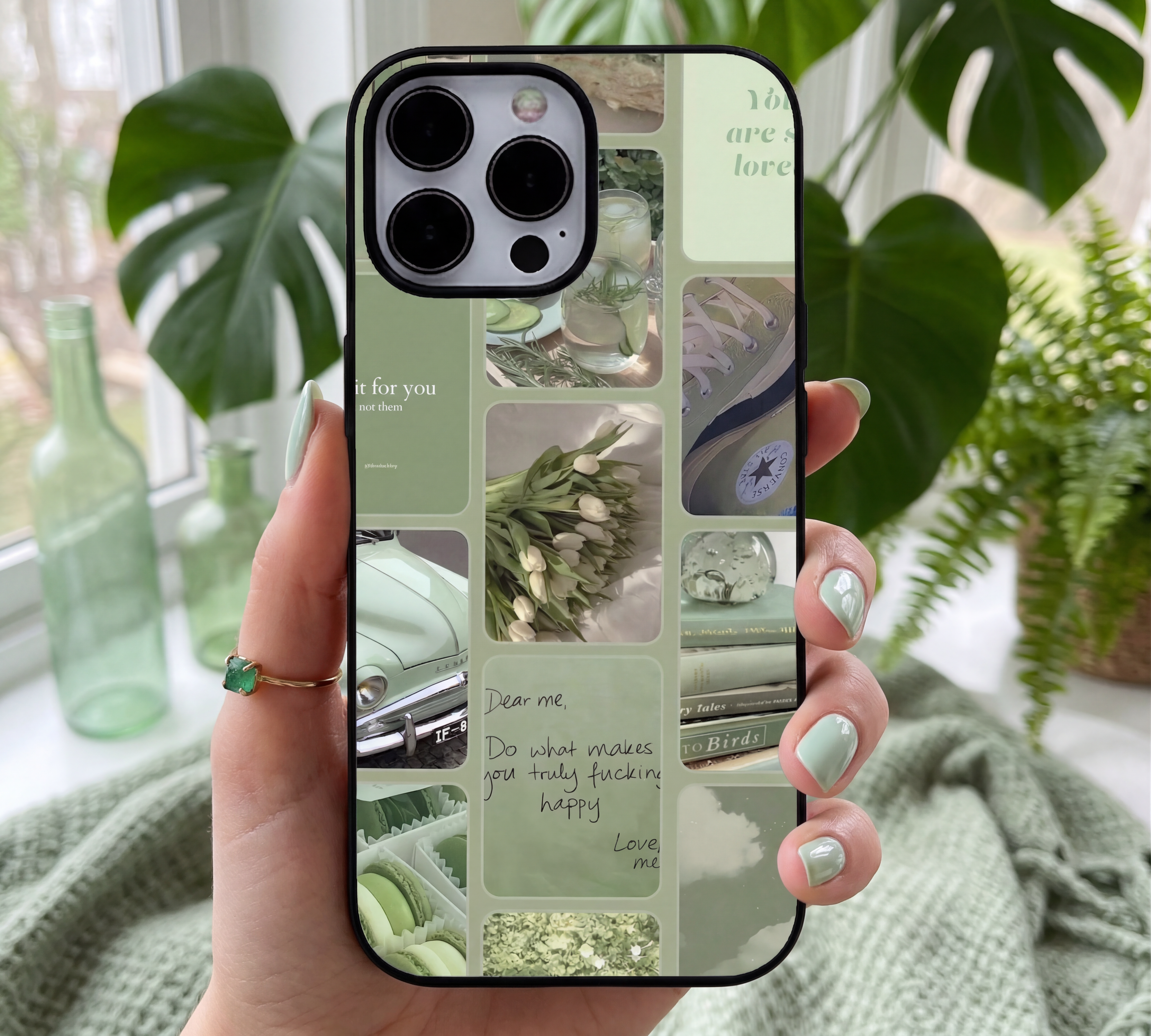 Sage Green Aesthetic Collage | Premium Glass iPhone & Samsung Mobile Cover Case