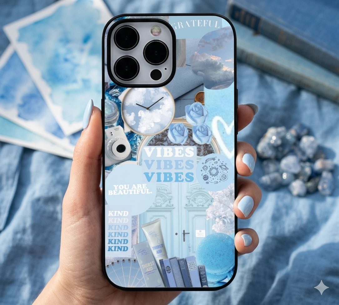 Dreamy Blue Aesthetic Collage | Premium Glass iPhone & Samsung Mobile Cover Case