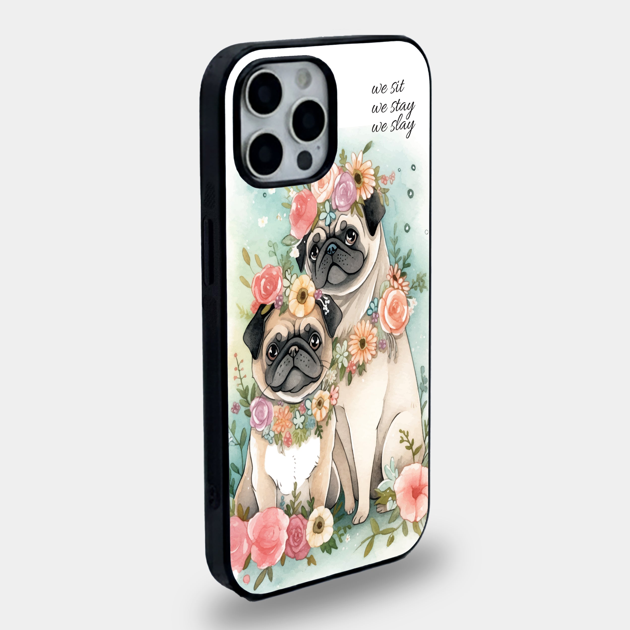 Floral Pug Duo Power | Premium Glass iPhone Mobile Cover Case