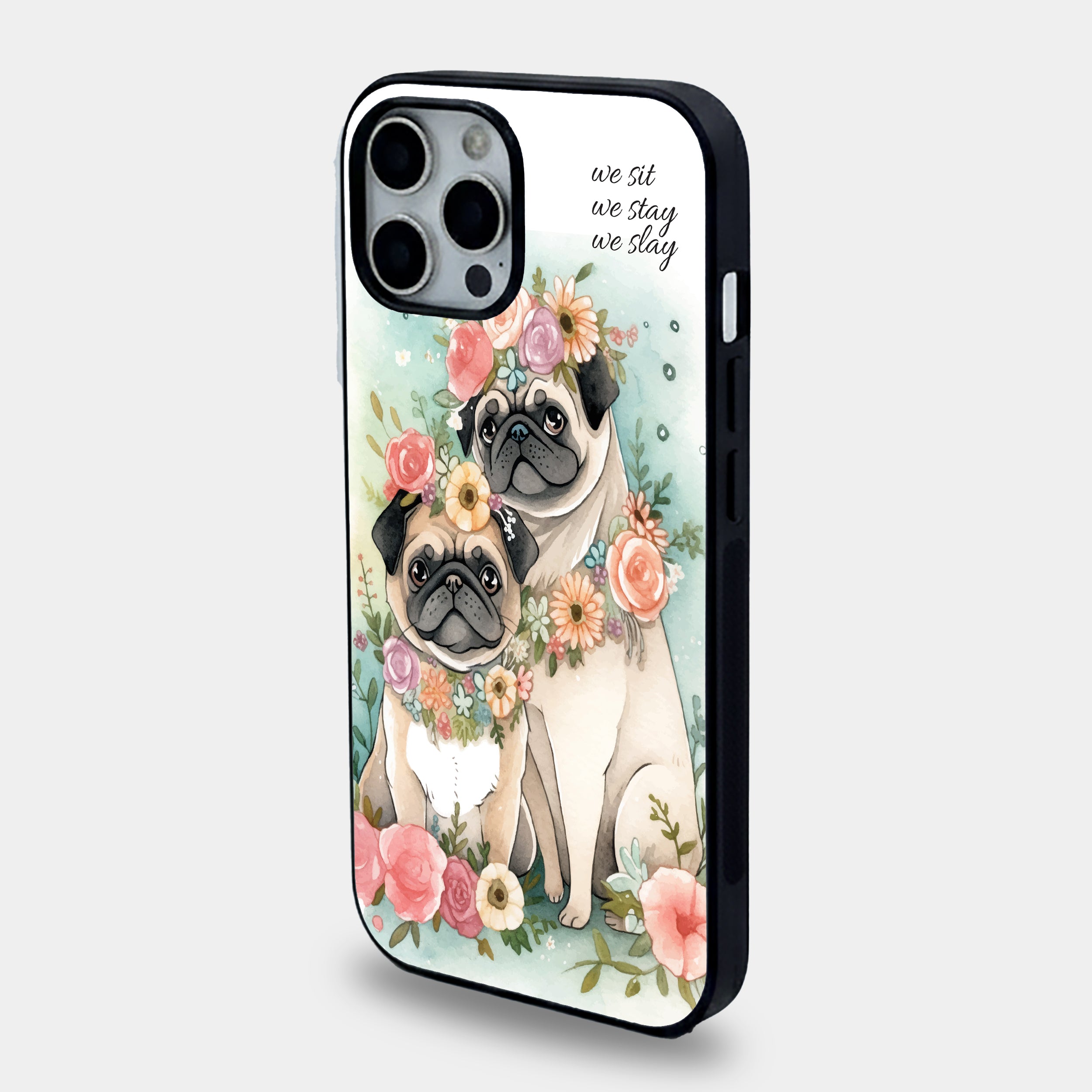 Floral Pug Duo Power | Premium Glass iPhone Mobile Cover Case