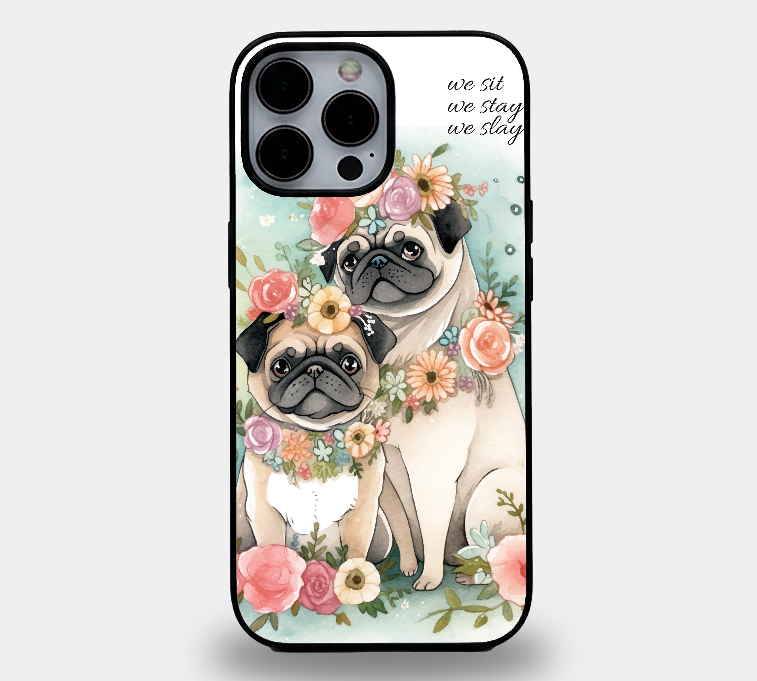 Floral Pug Duo Power | Premium Glass iPhone Mobile Cover Case