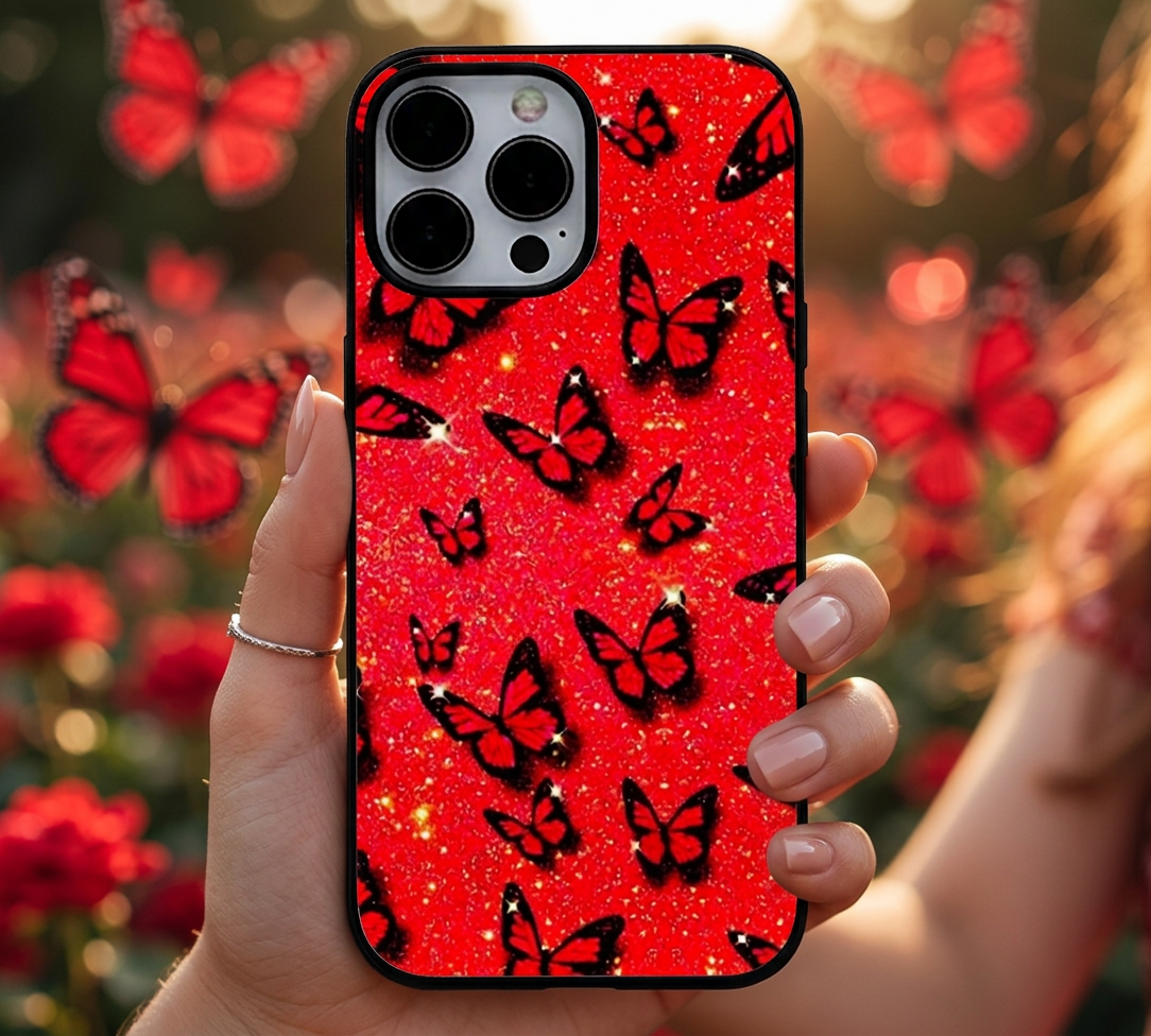 Red Glitter Butterfly Garden | Premium Glass iPhone & Samsung Mobile Cover Case
