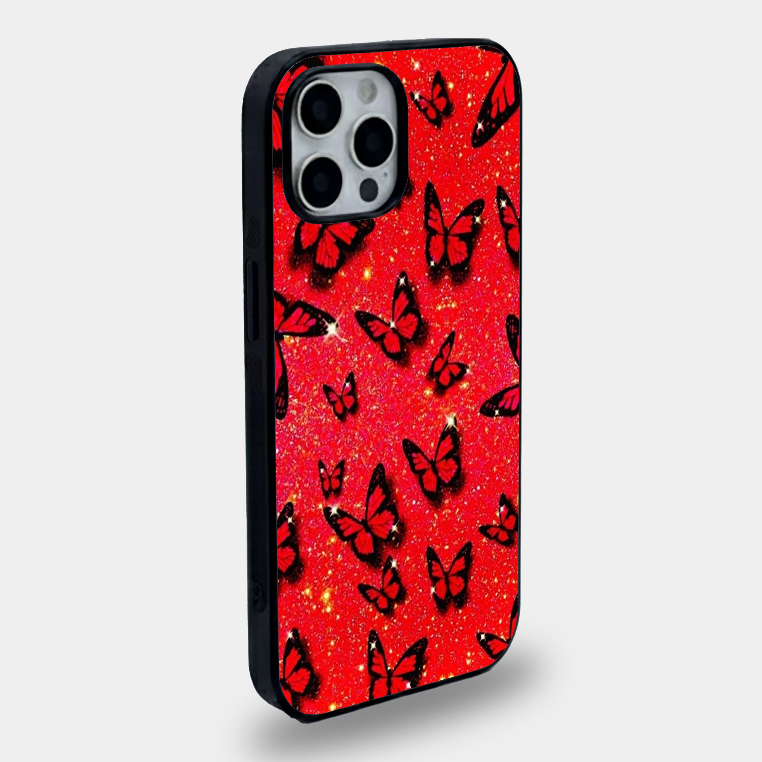 Red Glitter Butterfly Garden | Premium Glass iPhone & Samsung Mobile Cover Case