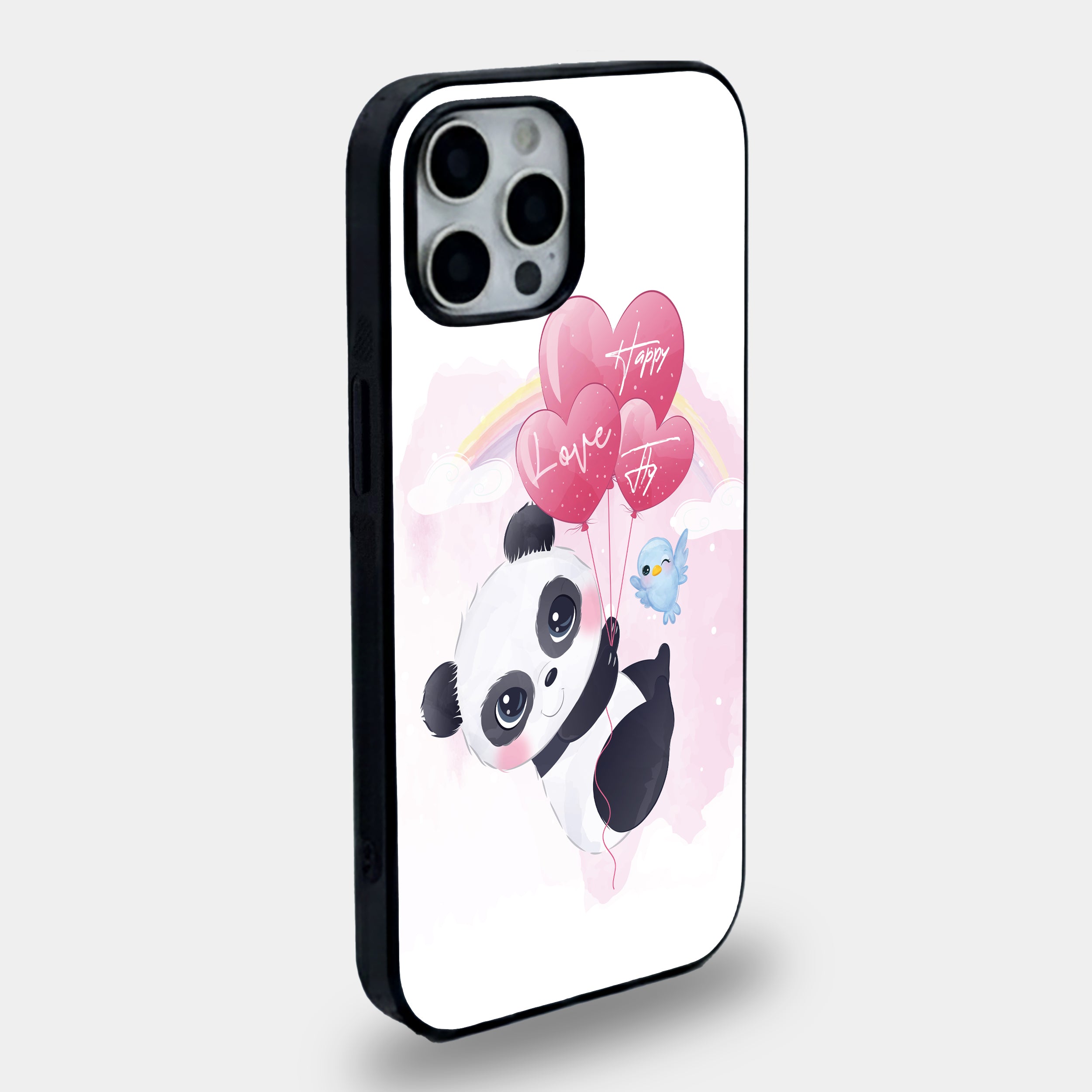 Flying Panda with Heart Balloons | Premium Glass iPhone Mobile Cover Case