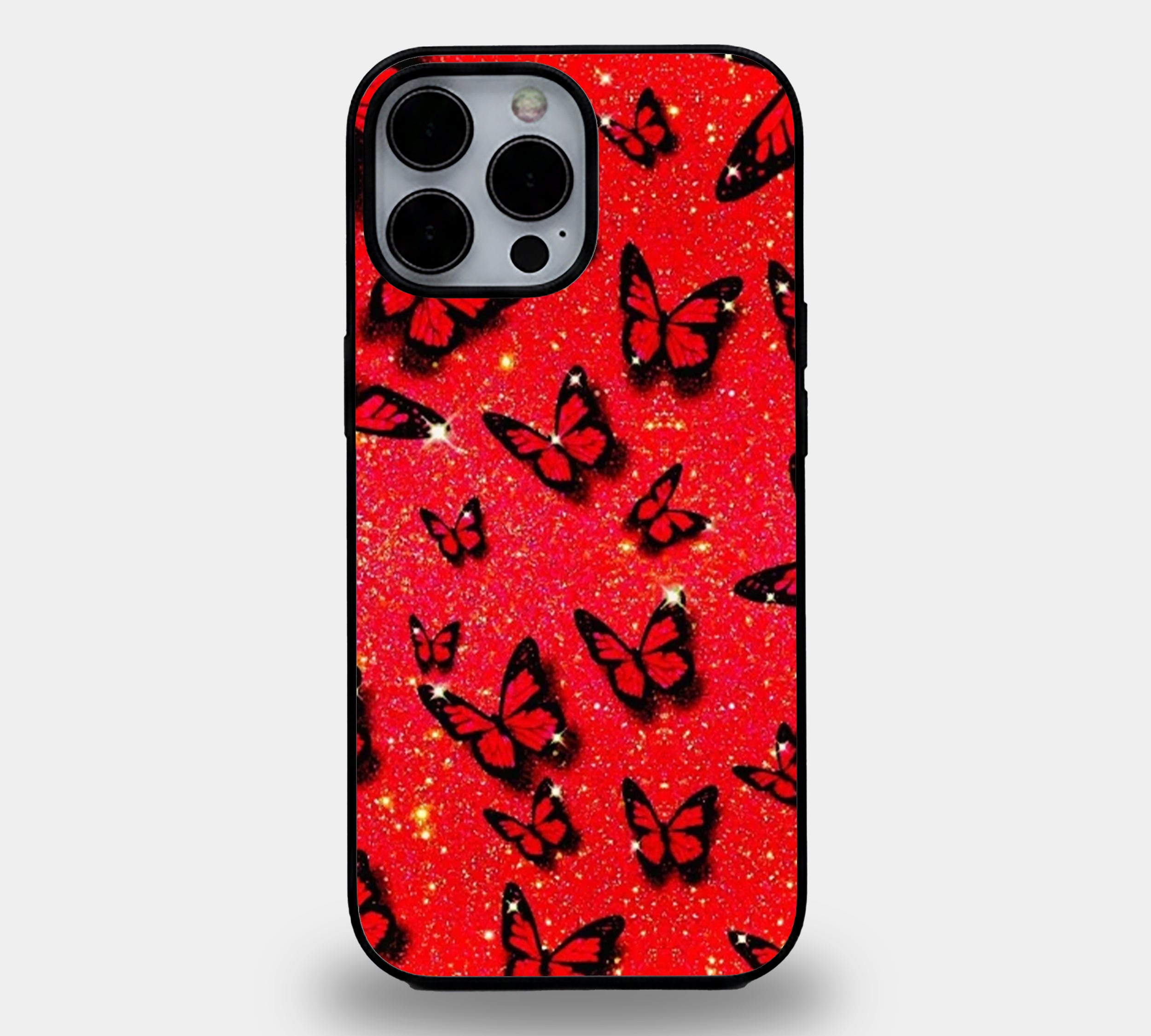 Red Glitter Butterfly Garden | Premium Glass iPhone & Samsung Mobile Cover Case