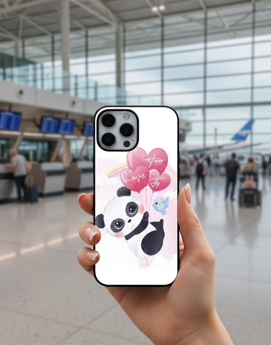 Flying Panda with Heart Balloons | Premium Glass iPhone Mobile Cover Case