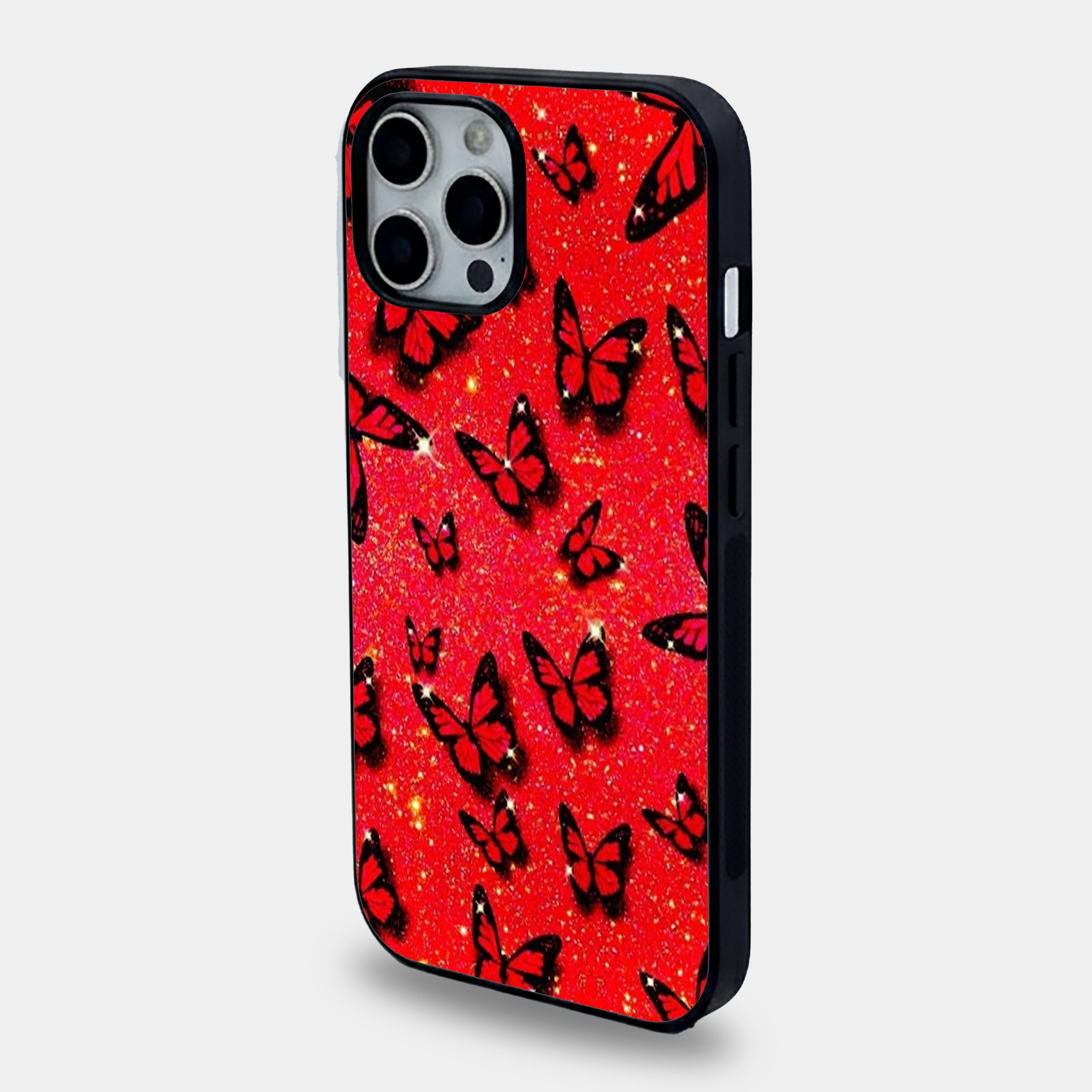 Red Glitter Butterfly Garden | Premium Glass iPhone & Samsung Mobile Cover Case