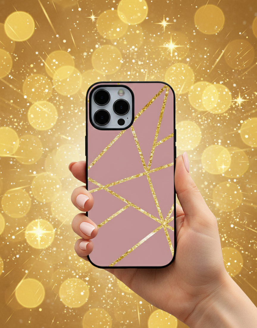 Mauve and Gold Glitter Geometric | Premium Glass iPhone Mobile Cover Case