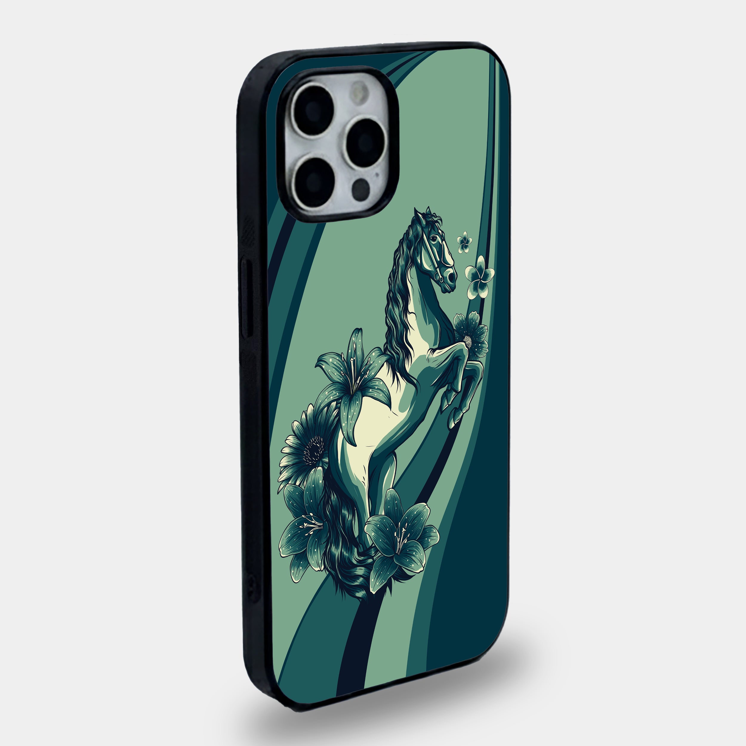 Emerald Stallion & Lily Floral Art | Premium Glass iPhone Mobile Cover Case
