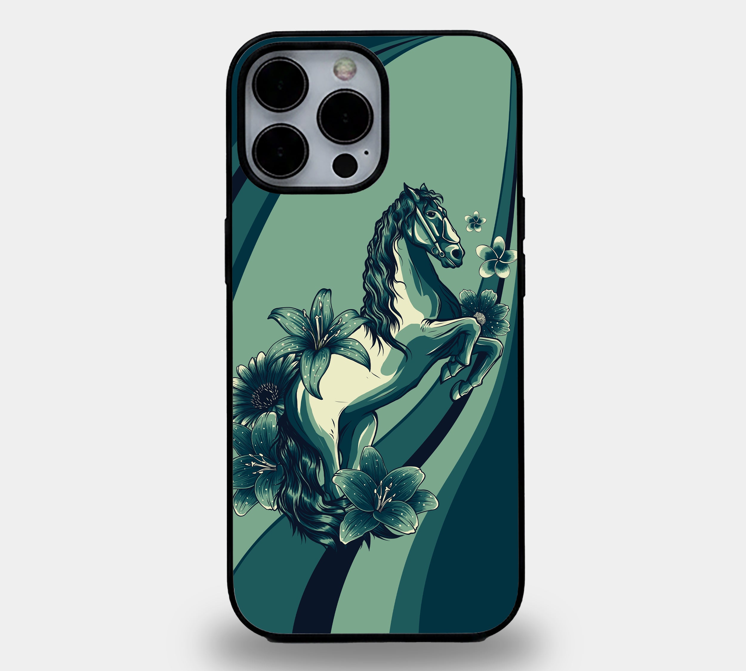 Emerald Stallion & Lily Floral Art | Premium Glass iPhone Mobile Cover Case