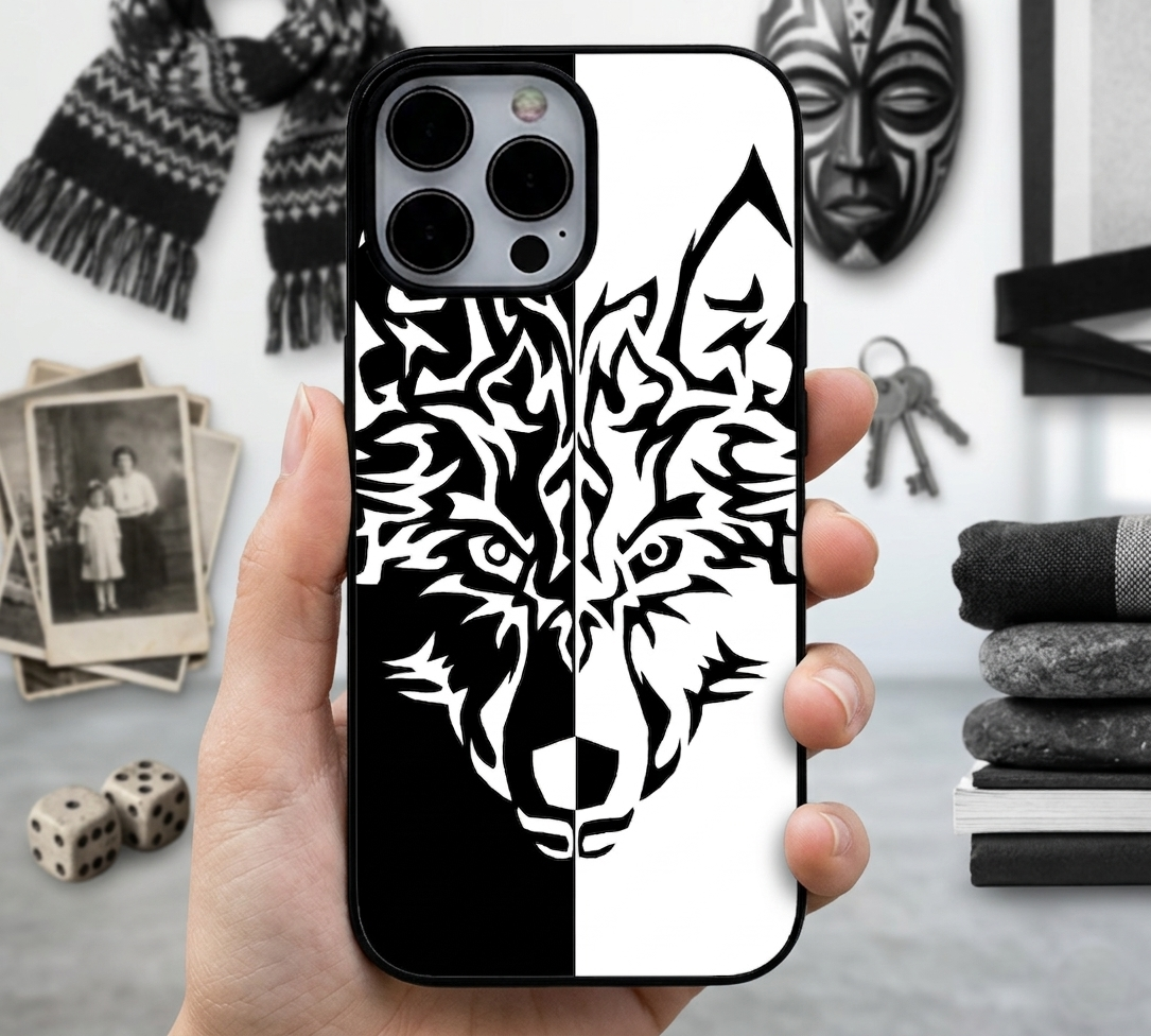 Dual-Contrast Tribal Wolf | Premium Glass iPhone & Samsung Mobile Cover Case