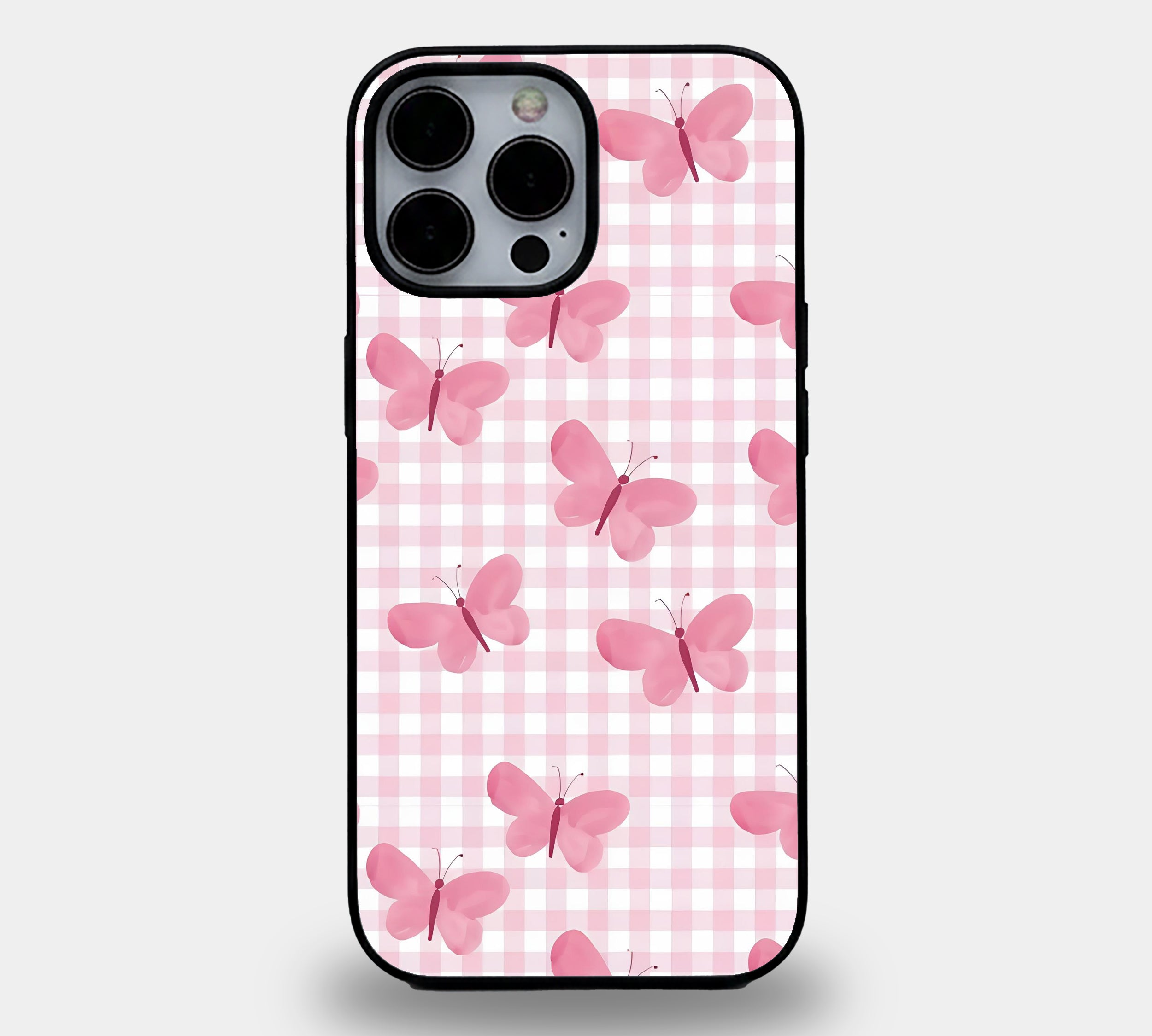 Pink Butterfly Gingham | Premium Glass iPhone & Samsung Mobile Cover Case
