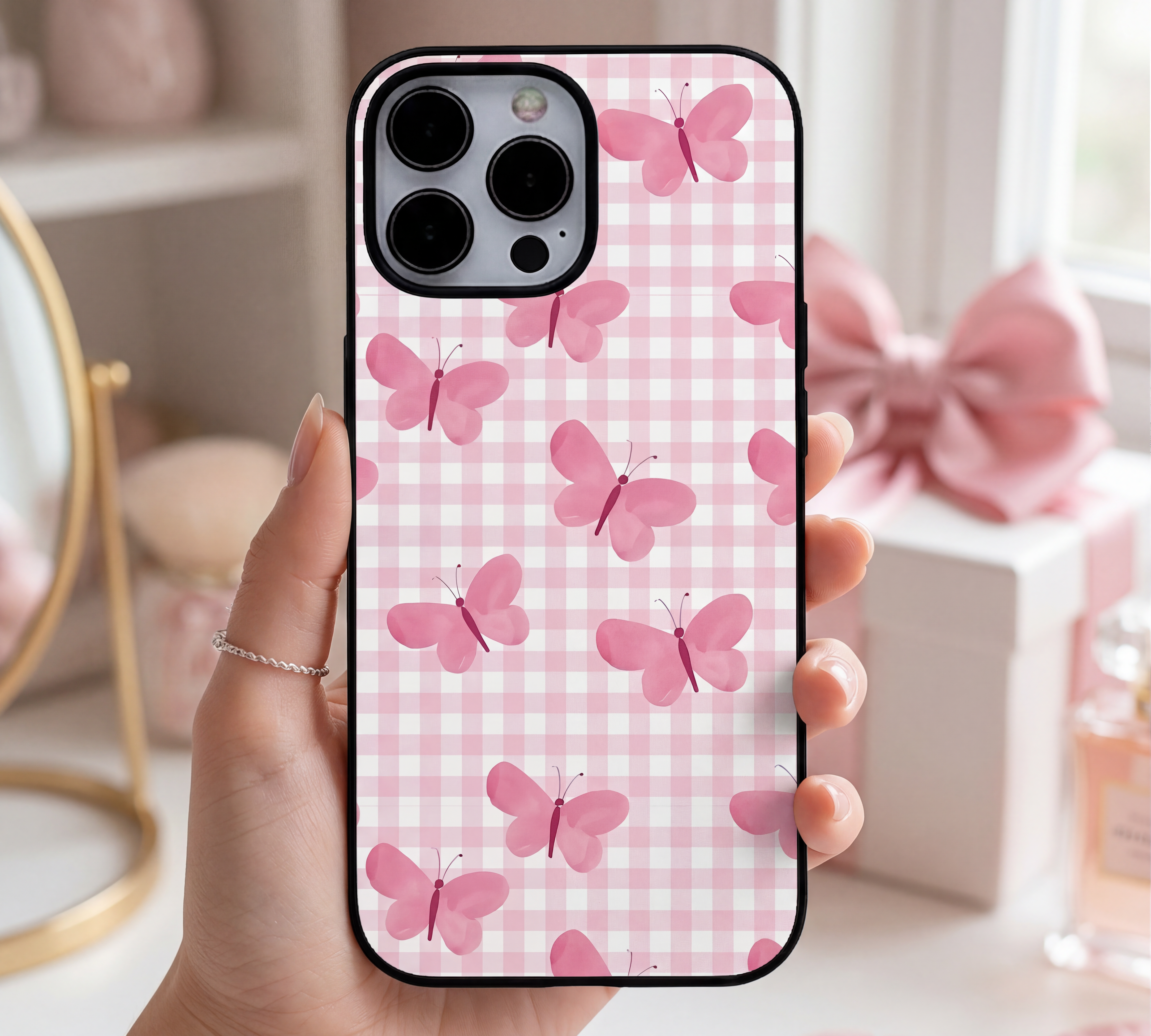 Pink Butterfly Gingham | Premium Glass iPhone & Samsung Mobile Cover Case