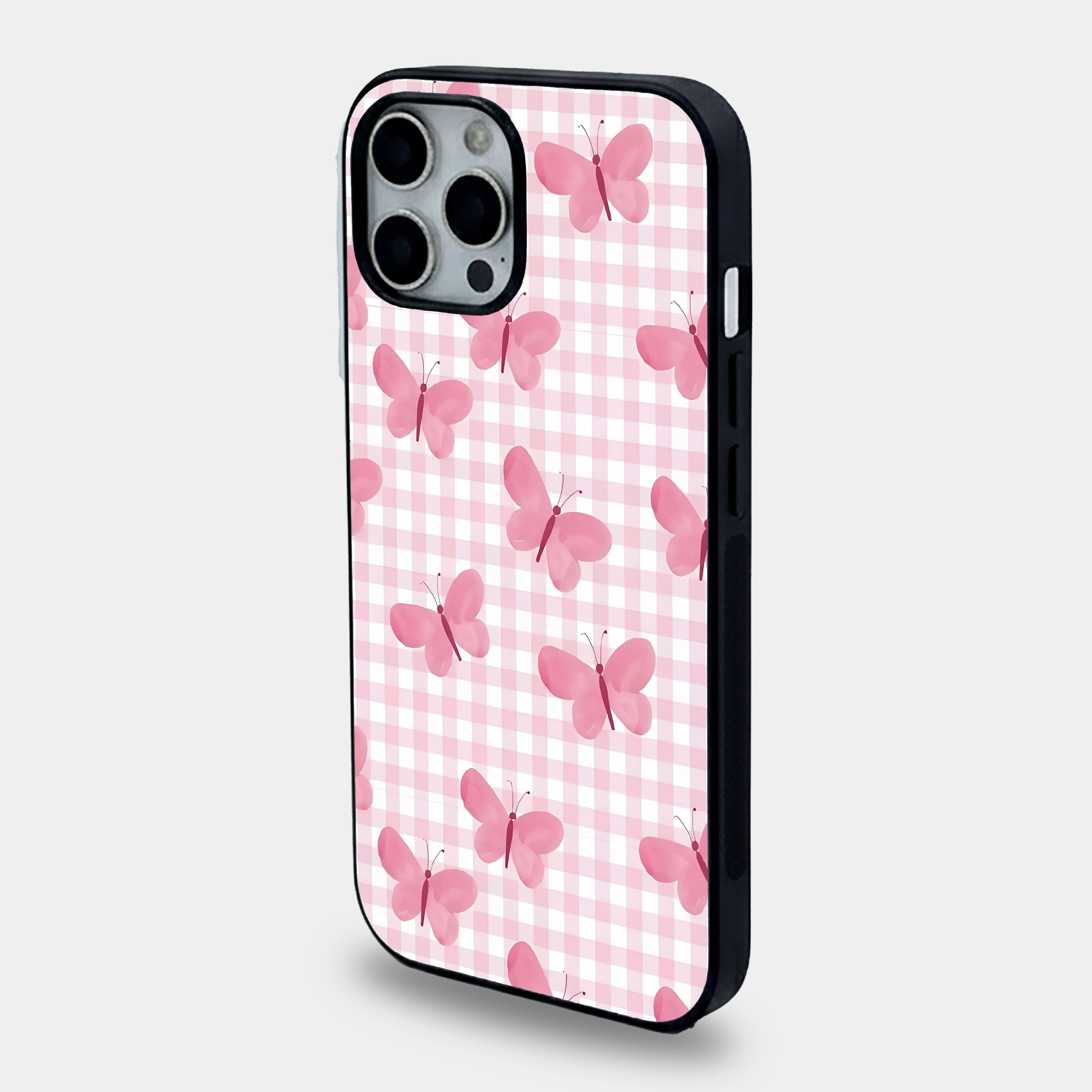 Pink Butterfly Gingham | Premium Glass iPhone & Samsung Mobile Cover Case