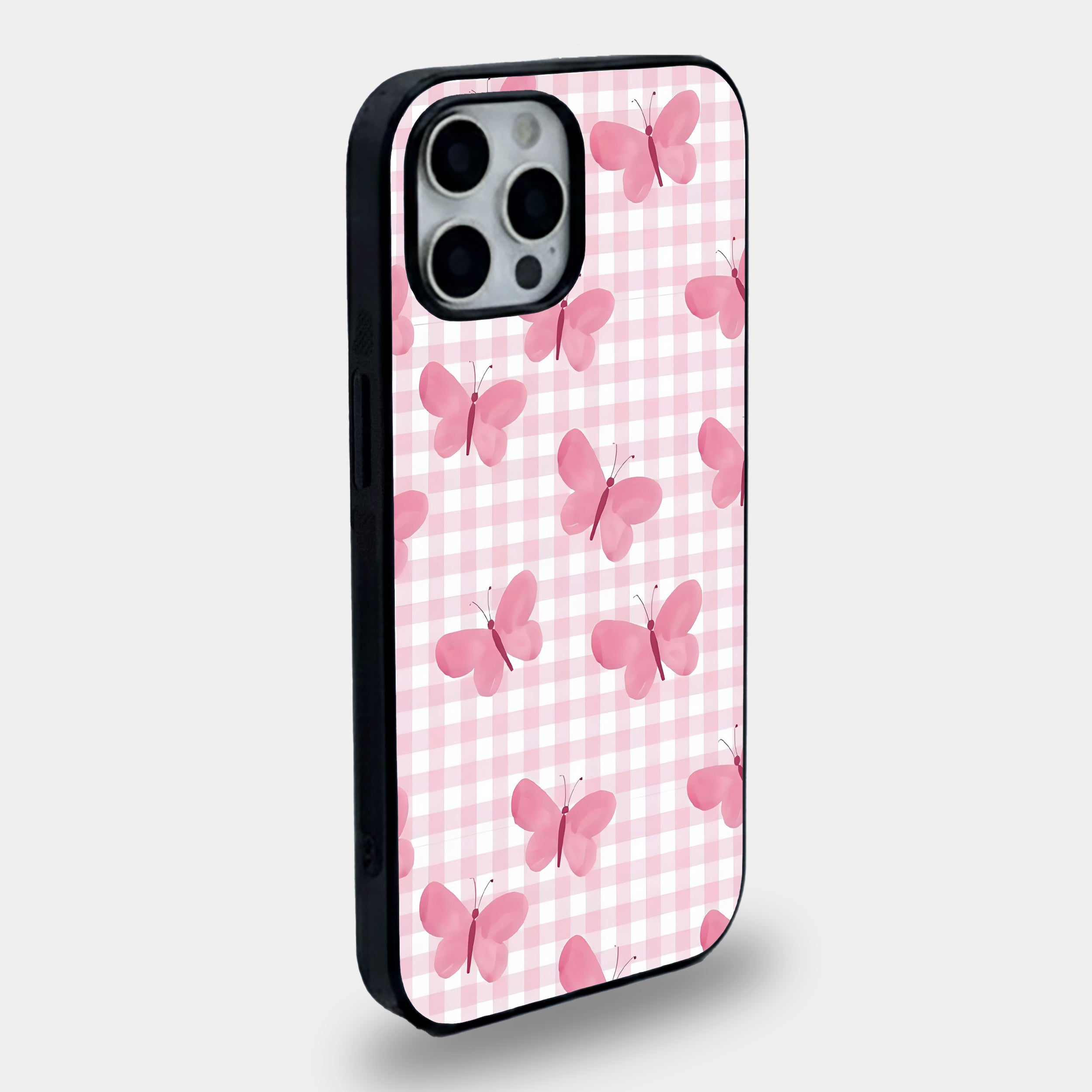Pink Butterfly Gingham | Premium Glass iPhone & Samsung Mobile Cover Case