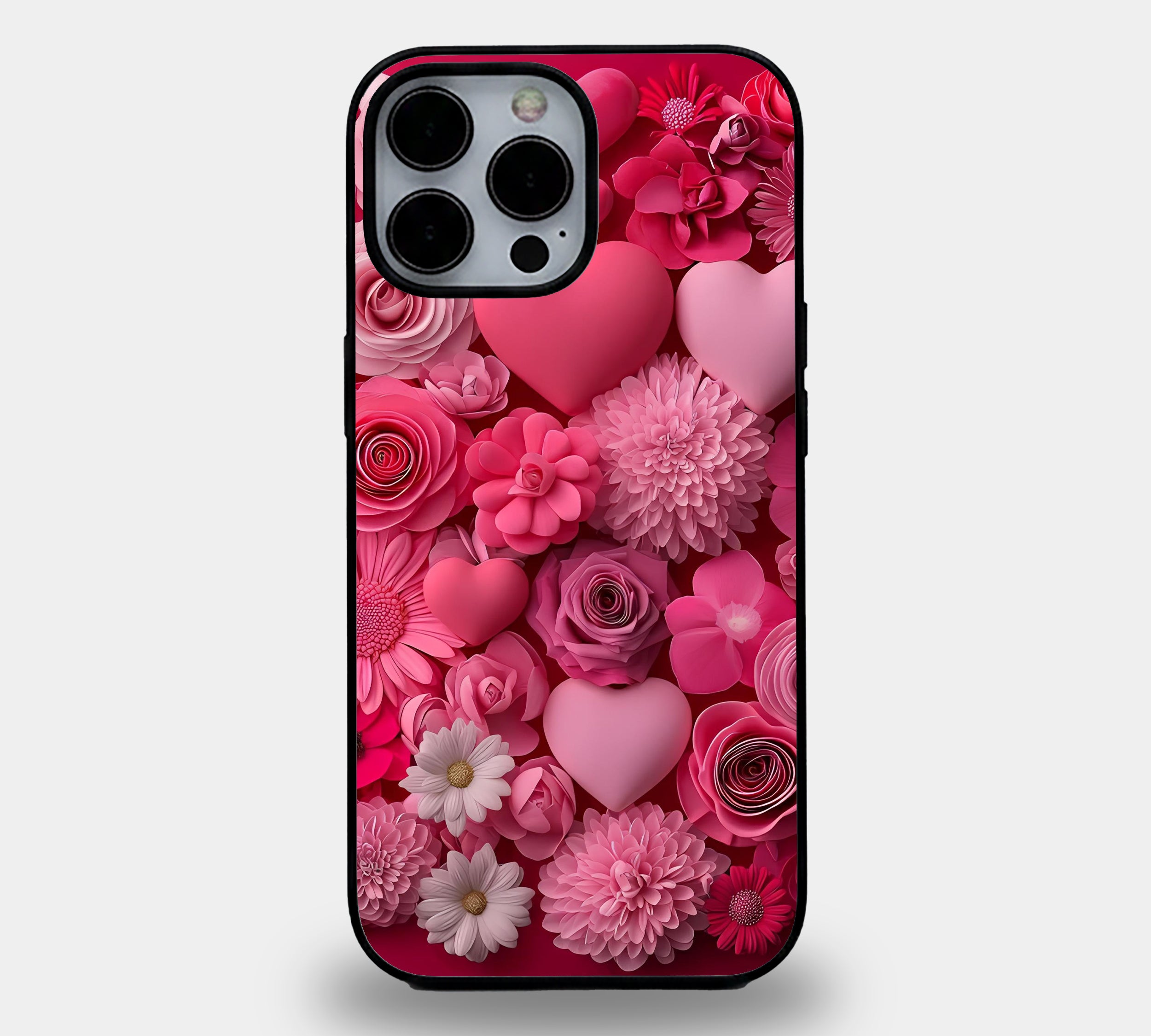 Pink Floral & Heart Print | Premium Glass iPhone & Samsung Mobile Cover Case