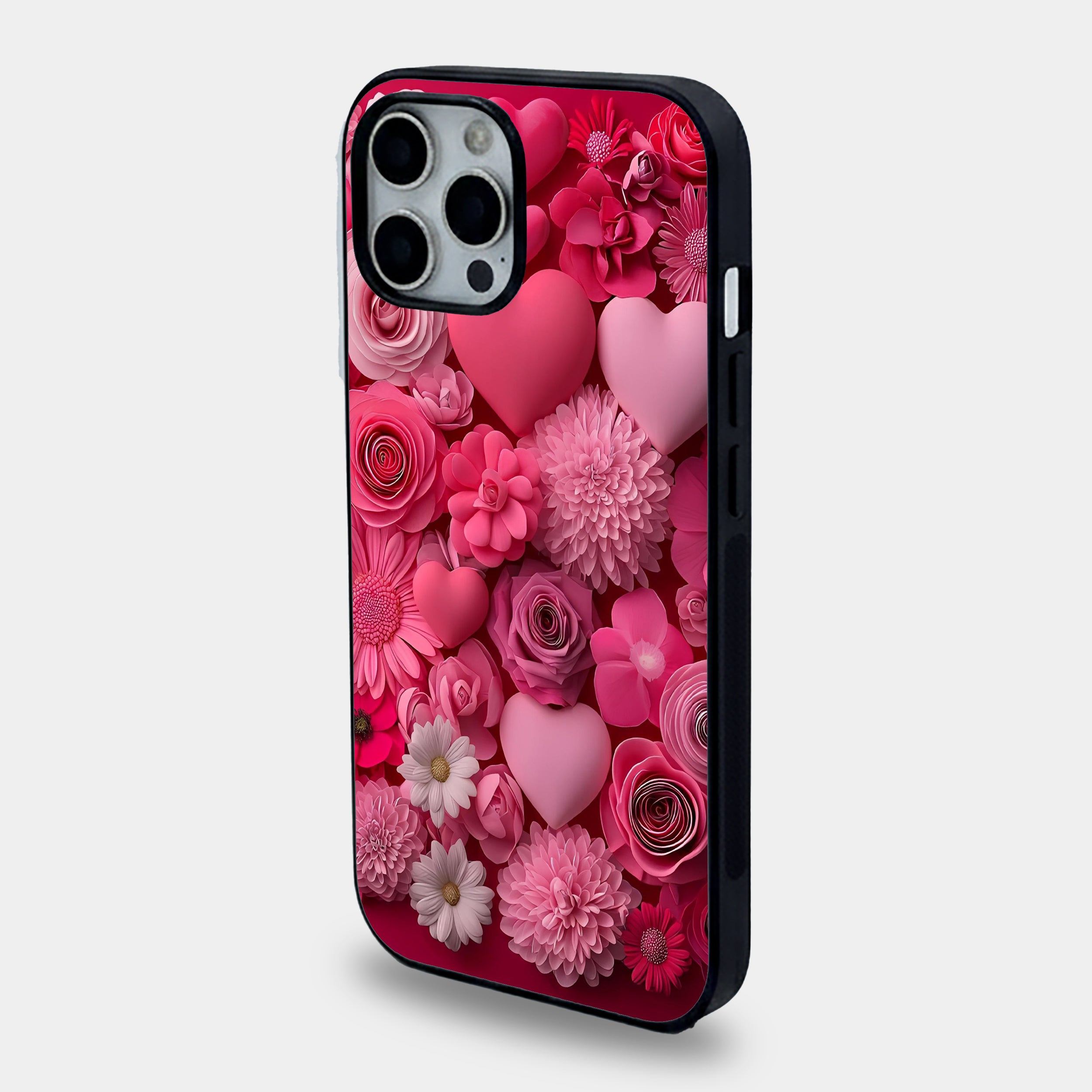 Pink Floral & Heart Print | Premium Glass iPhone & Samsung Mobile Cover Case